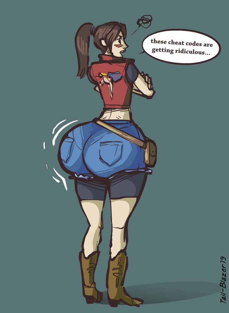 angry ass big_ass blush boots brown_hair bubble_butt butt_expansion claire_redfield crossed_arms denim_shorts dialogue female female giant_ass jacket jiggle ponytail resident_evil resident_evil:_the_darkside_chronicles simple_background solo tail-blazer text