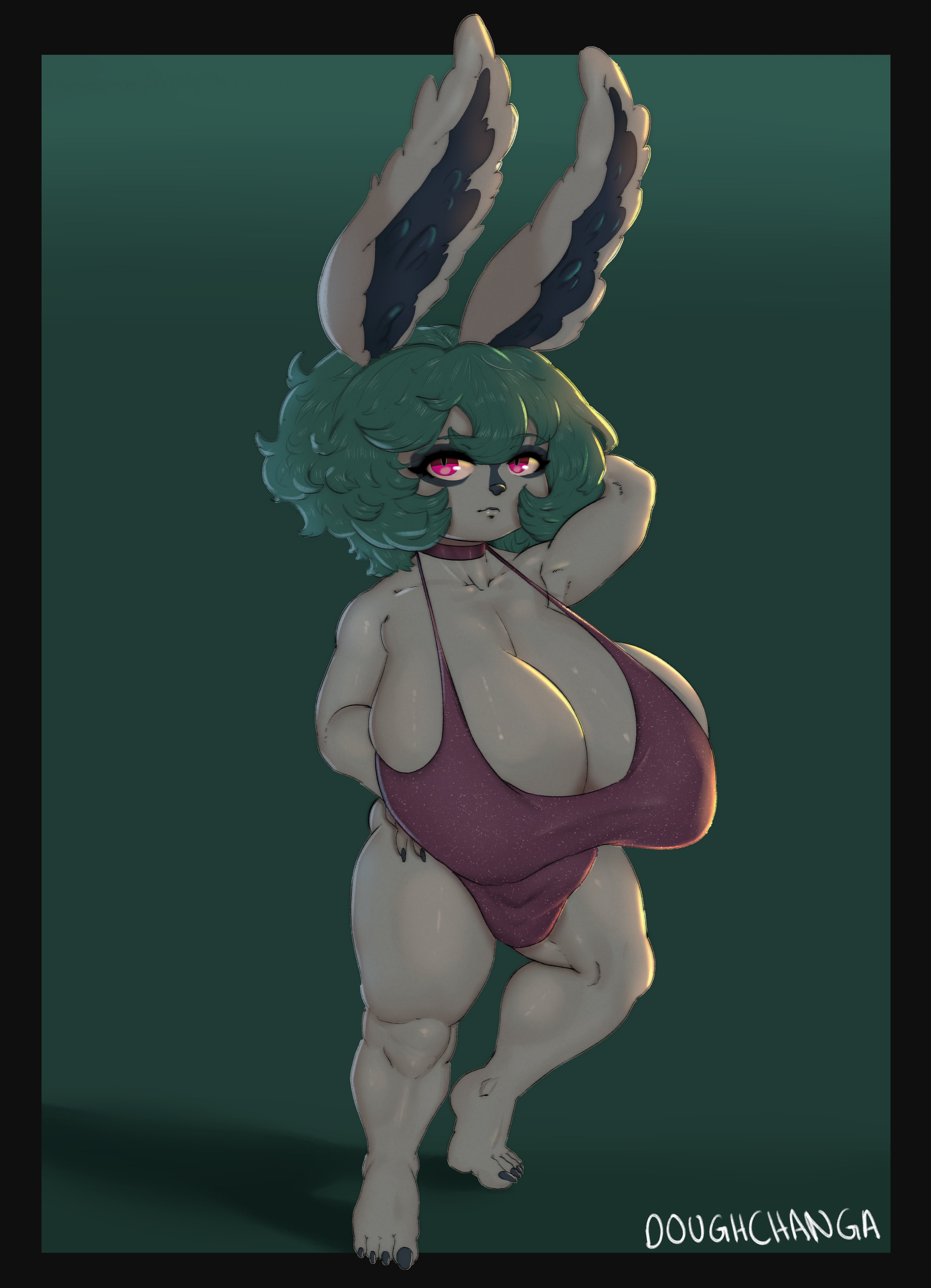 armpits, bikini, breasts, choker, doughchanga, fat, female, fluffy ears, goth, green hair, half clothed, huge breasts, league of legends, long nails, posing, puffy nipples, purple eyes, riot games, shortstack, thick legs, vex (league of legends), yordle