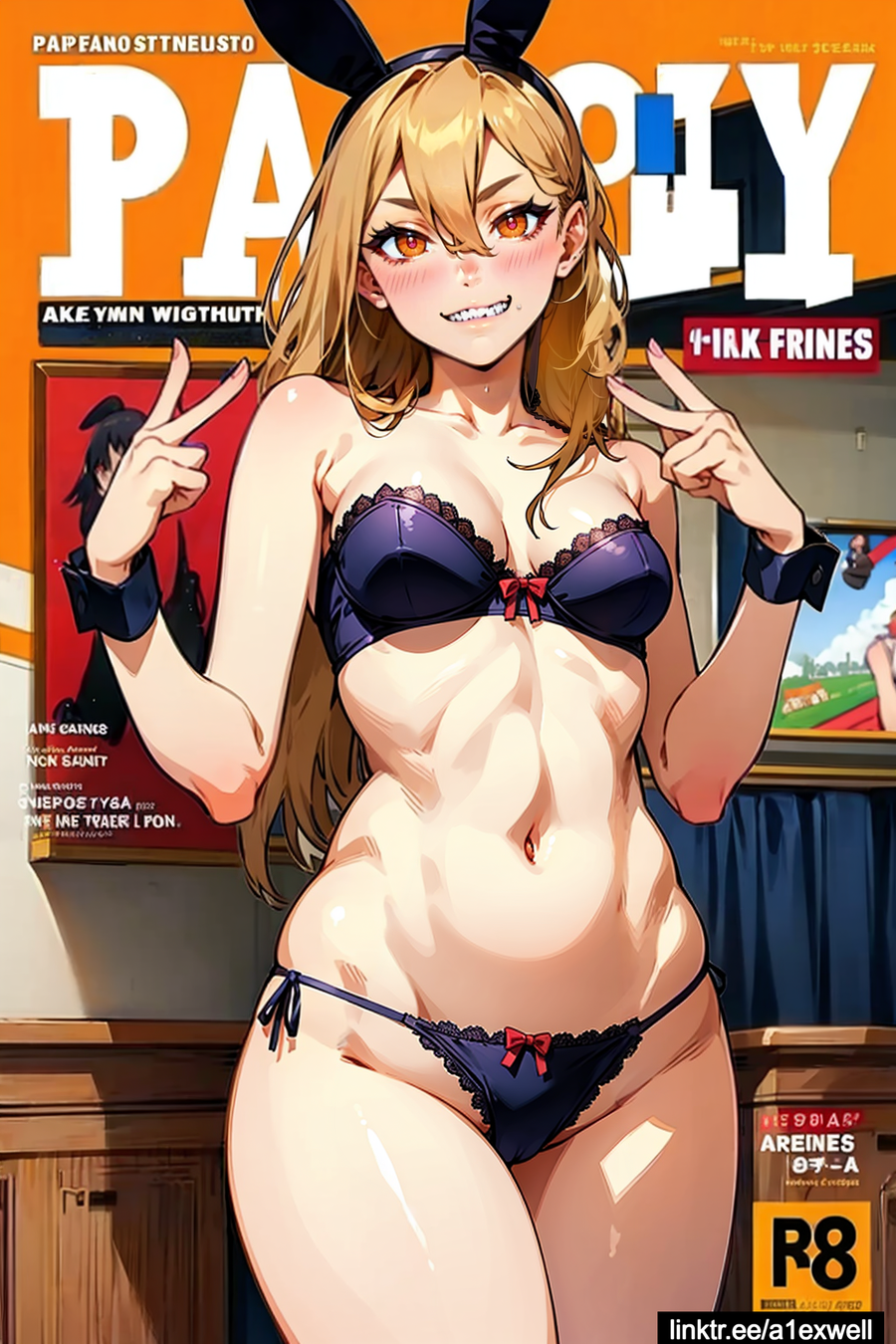 a1exwell ai_generated chainsaw_man cover_page double_v female female_only grin lingerie_only looking_at_viewer magazine_cover parody peace_sign playboy power_(chainsaw_man) solo_female stable_diffusion v