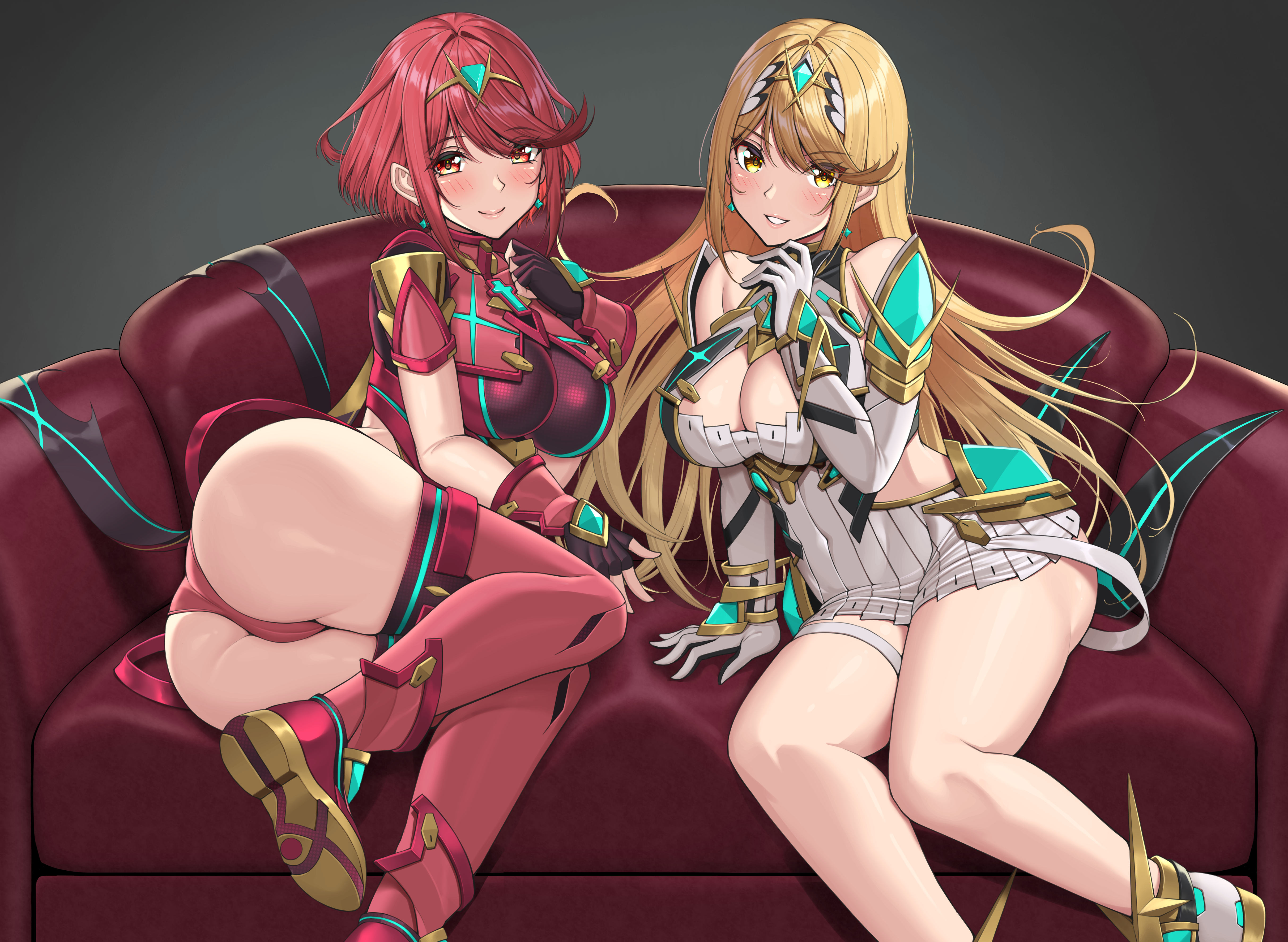 2girls, absurd res, ass, ass focus, bare legs, bare thighs, blonde hair, boots, breasts, bubble ass, core crystal, couch, dress, elbow gloves, female, female only, fingerless gloves, gloves, highres, jewelry, large ass, large breasts, long hair, looking at viewer, monolith soft, mythra, nintendo, pyra, red boots, red eyes, red gloves, red hair, red thigh highs, short hair, sitting, sitting on couch, sssemiii, thick ass, thick thighs, thigh boots, thighhigh boots, thighhighs, thighs, very long hair, white boots, white dress, white gloves, xenoblade (series), xenoblade chronicles 2, yellow eyes