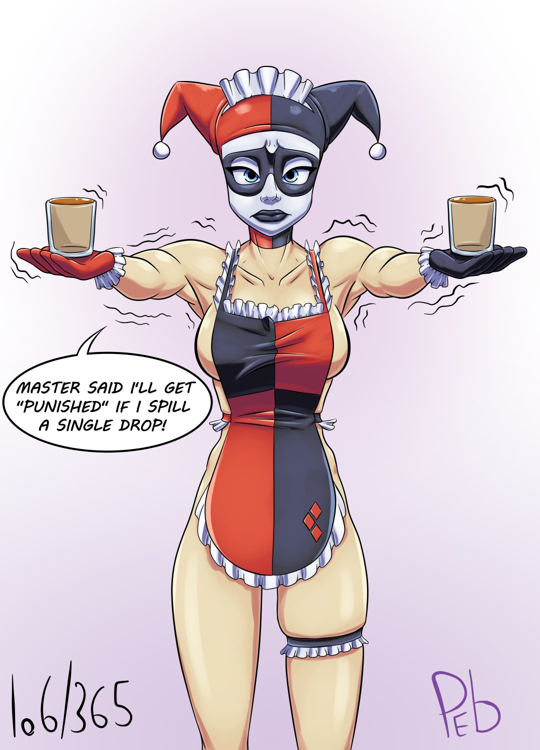 apron apron_only batman_(series) big_breasts blue_eyes breasts busty dc dc_comics domino_mask female female_focus female_only gloves harley_quinn hourglass_figure jester jester_cap jester_hat jester_outfit lipstick maid maid_apron maid_headdress maid_outfit maid_uniform purpleeyebags quinn_year_(purpleeyebags) sideboob speech_bubble tagme wide_hips