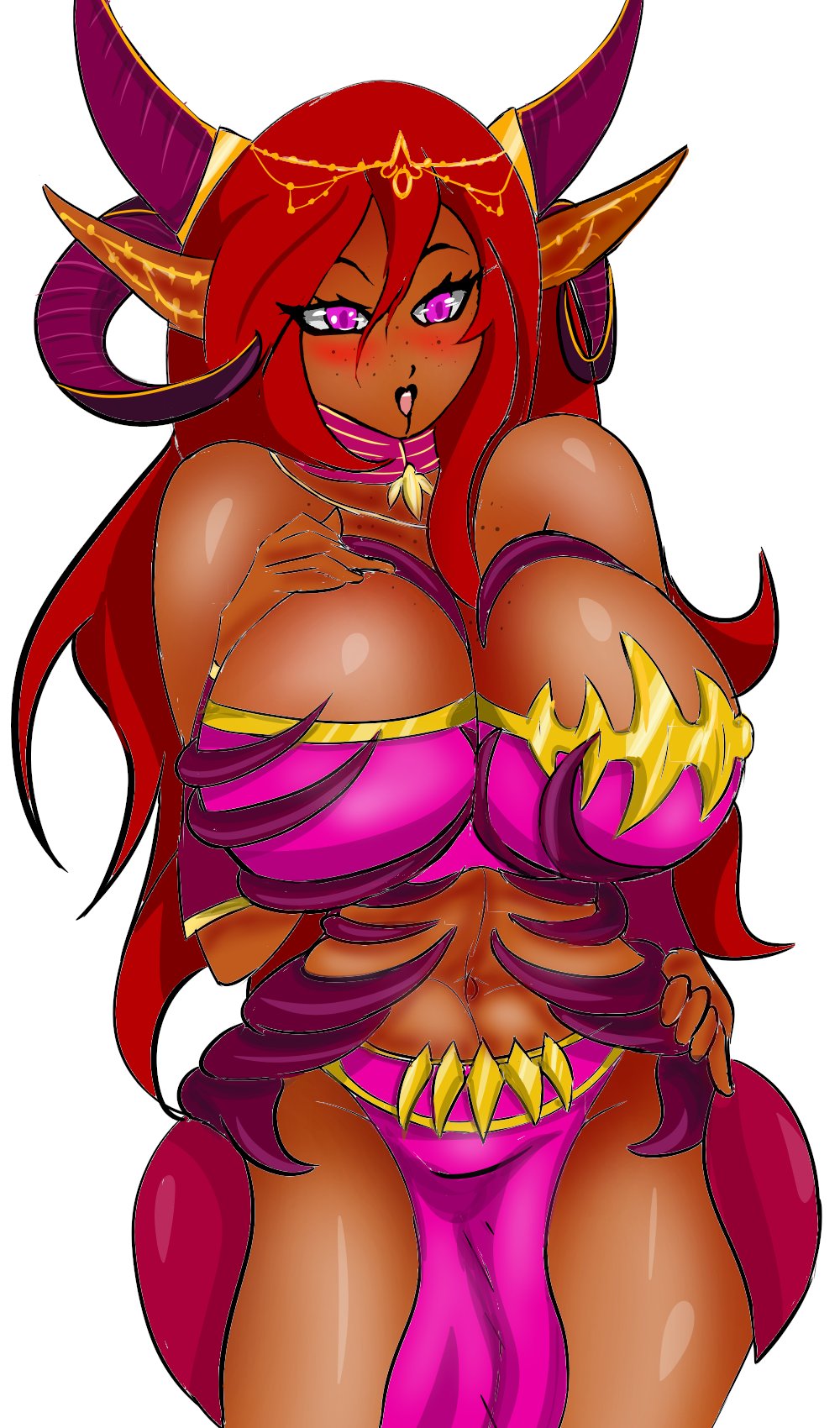 aliciaxlife black_lipstick dark-skinned_female dark_skin drooling elf elf_ears freckles jammylicentious large_breasts loincloth pink_eyes pink_loincloth pointy_ears red_hair succubus succubus_horns