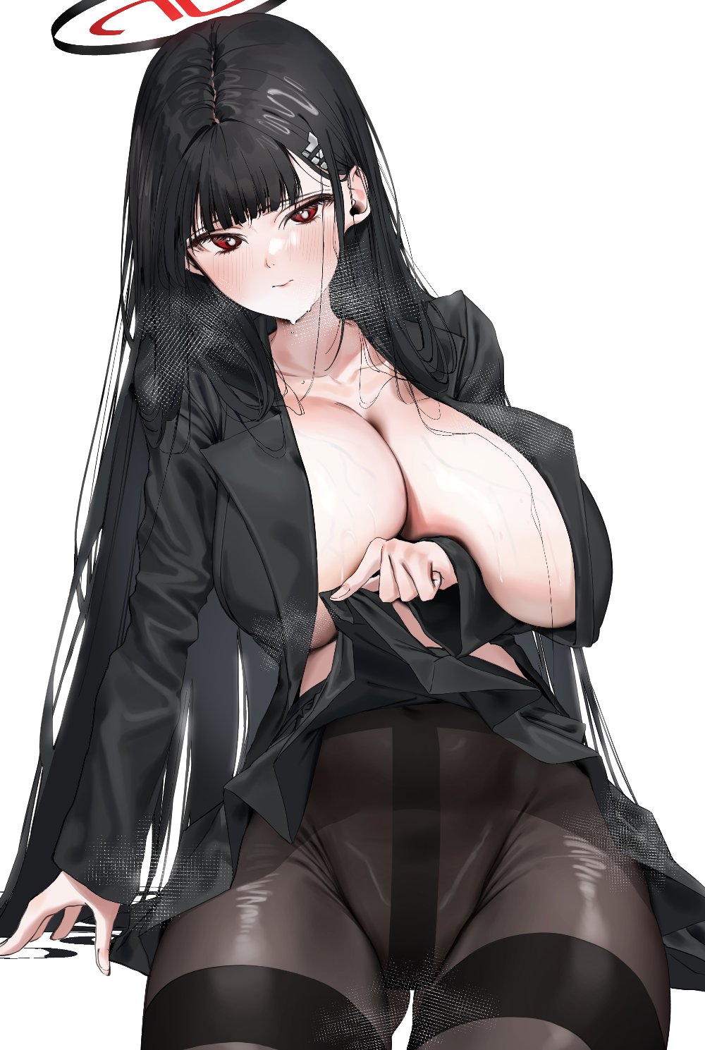 1girls big_breasts black_and_red_halo black_coat black_hair blue_archive breasts busty curvaceous curvy curvy_body curvy_female curvy_figure female huge_breasts large_breasts millennium_science_school_student poharo red_eyes rio_(blue_archive) seminar_(blue_archive) seminar_president skirt skirt_lift voluptuous white_background white_pupils