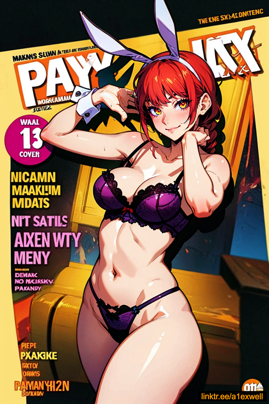 
parody a1exwell ai_generated arms_behind_head chainsaw_man cover_page female female_only lingerie_only looking_at_viewer magazine_cover makima_(chainsaw_man) playboy solo_female stable_diffusion