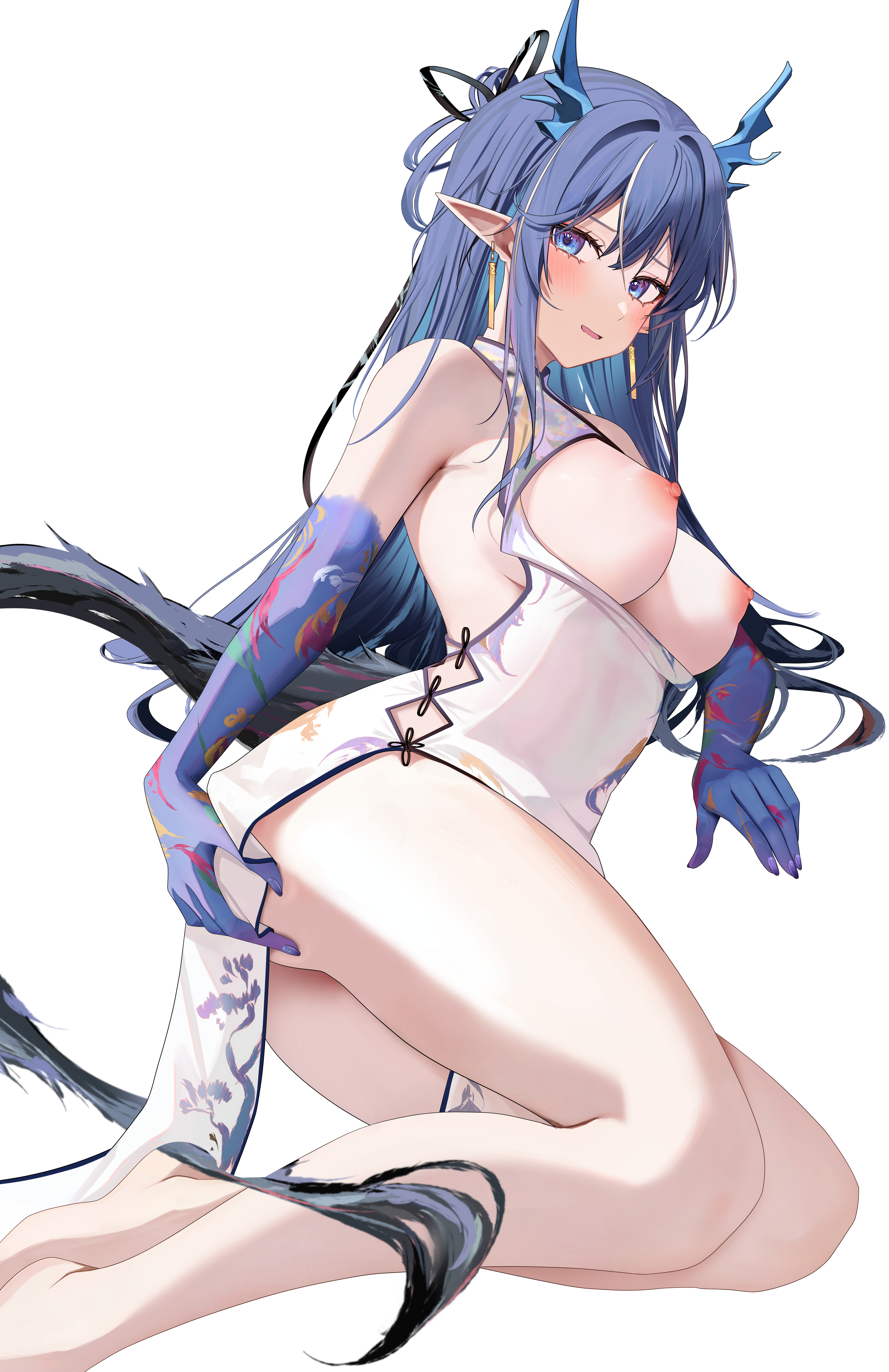 1girls, 2023, arknights, big breasts, blue eyes, blue hair, blush, breasts, breasts out, china dress, chinese clothes, dragon girl, dragon horns, dragon tail, female, hi res, ling (arknights), long hair, looking at viewer, nipples, nude, pointy ears, ru zhai, simple background, solo, tail