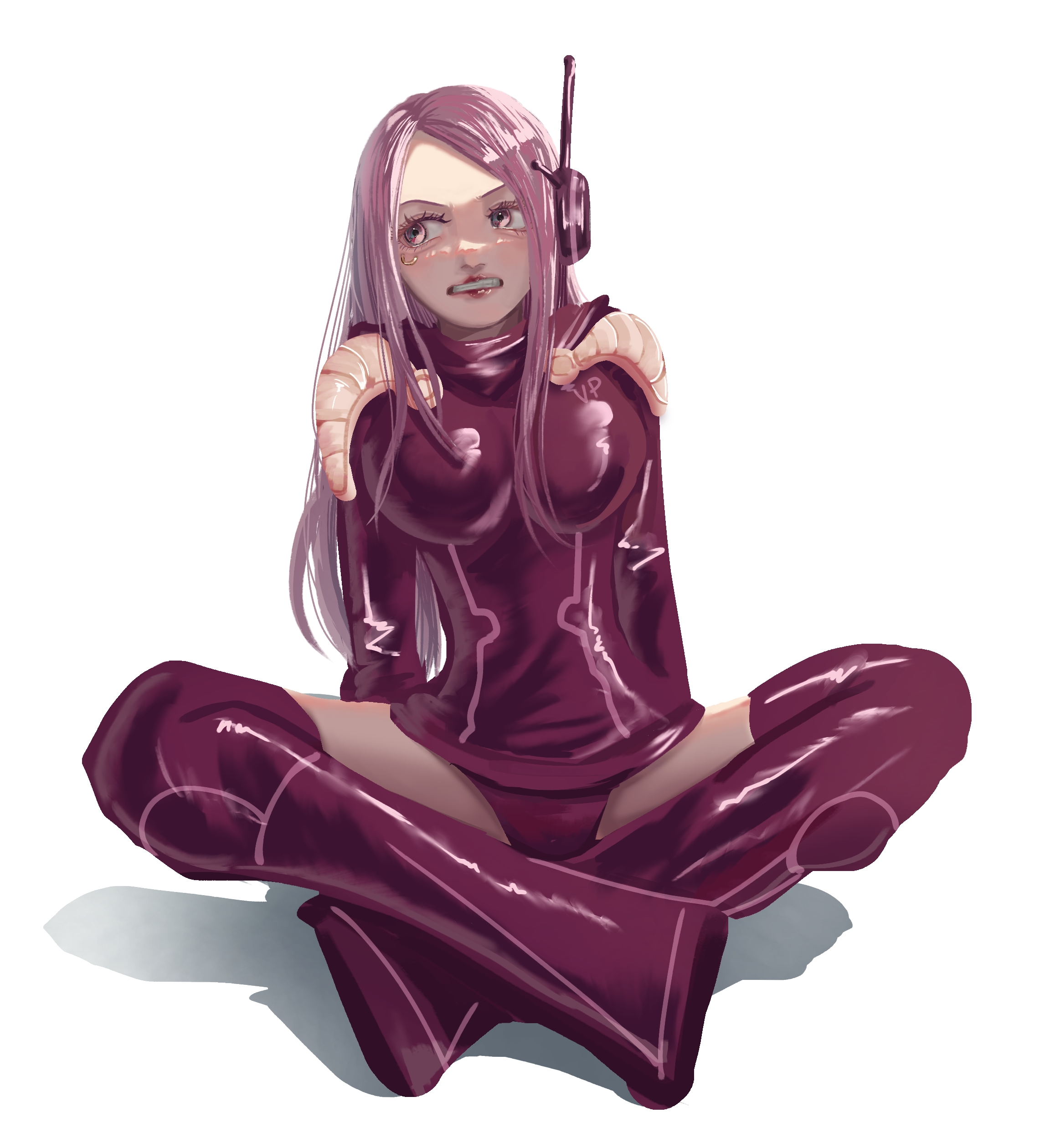 absurd res, absurdres, aged up, annoyed expression, clothing, egghead, female, female only, jewelry bonney, leather clothing, legs crossed, lipstick, long boots, looking away, m sanyoutyuu, one piece, one piece: egghead arc, panties, piercings, pink eyes, pink hair, pink-haired female, ryoumadb, sitting, tagme, white background, 甘えるな(龍馬) (pixiv 62074064)