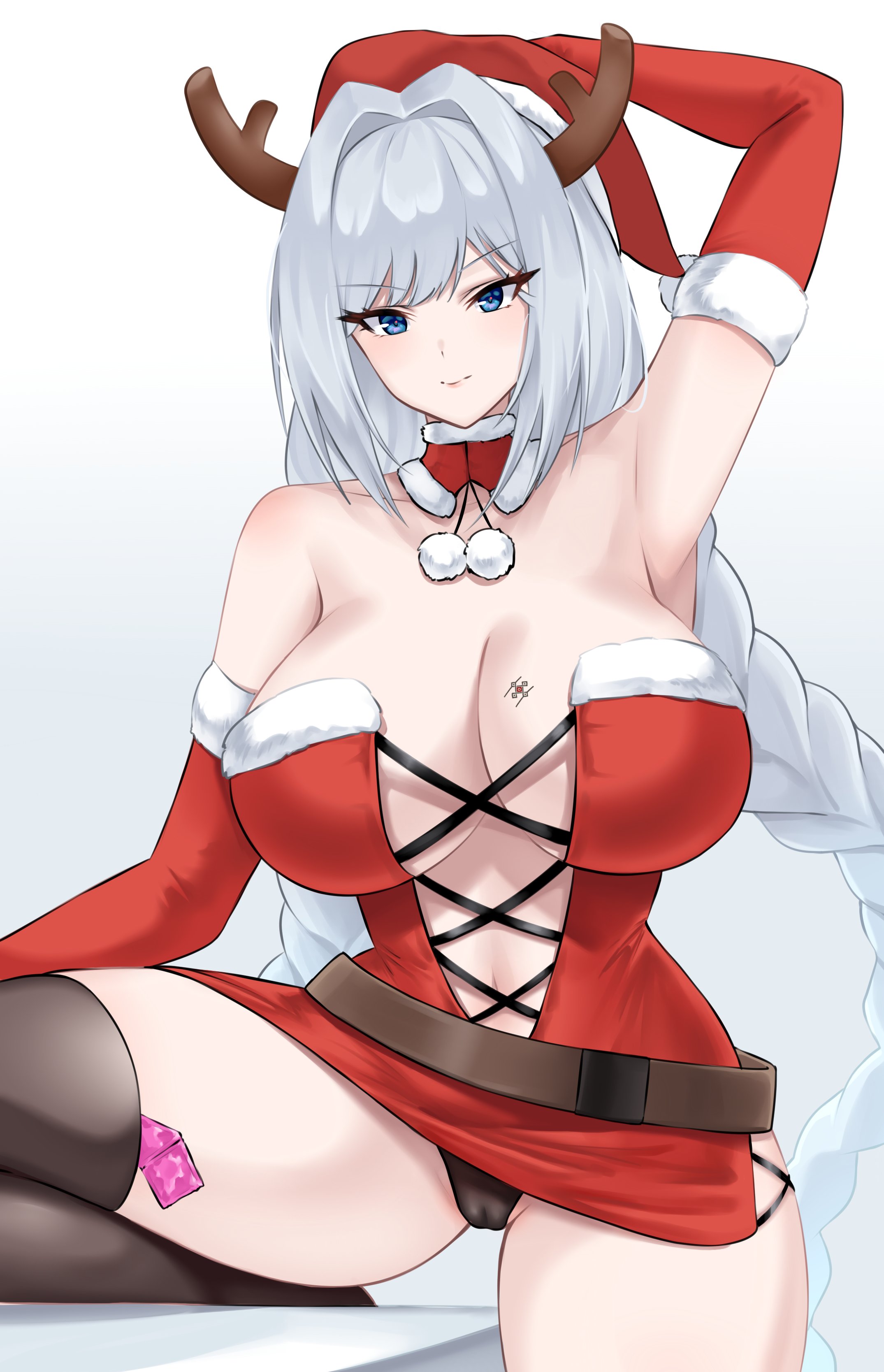 1girls, absurd res, alternate costume, armpits, bare shoulders, black panties, black stockings, black thighhighs, blue eyes, braid, braided hair, breast tattoo, breasts, busty, christmas, cleavage, crimecrime, curvy, elbow gloves, ethel (xenoblade), female, female only, gloves, highres, hourglass figure, large breasts, long hair, looking at viewer, midriff, milf, monolith soft, navel, nintendo, panties, red gloves, revealing clothes, santa costume, santa hat, silver hair, slim waist, stockings, tattoo, tattoo on chest, thick thighs, thighhighs, thighs, very long hair, voluptuous, wide hips, xenoblade (series), xenoblade chronicles 3