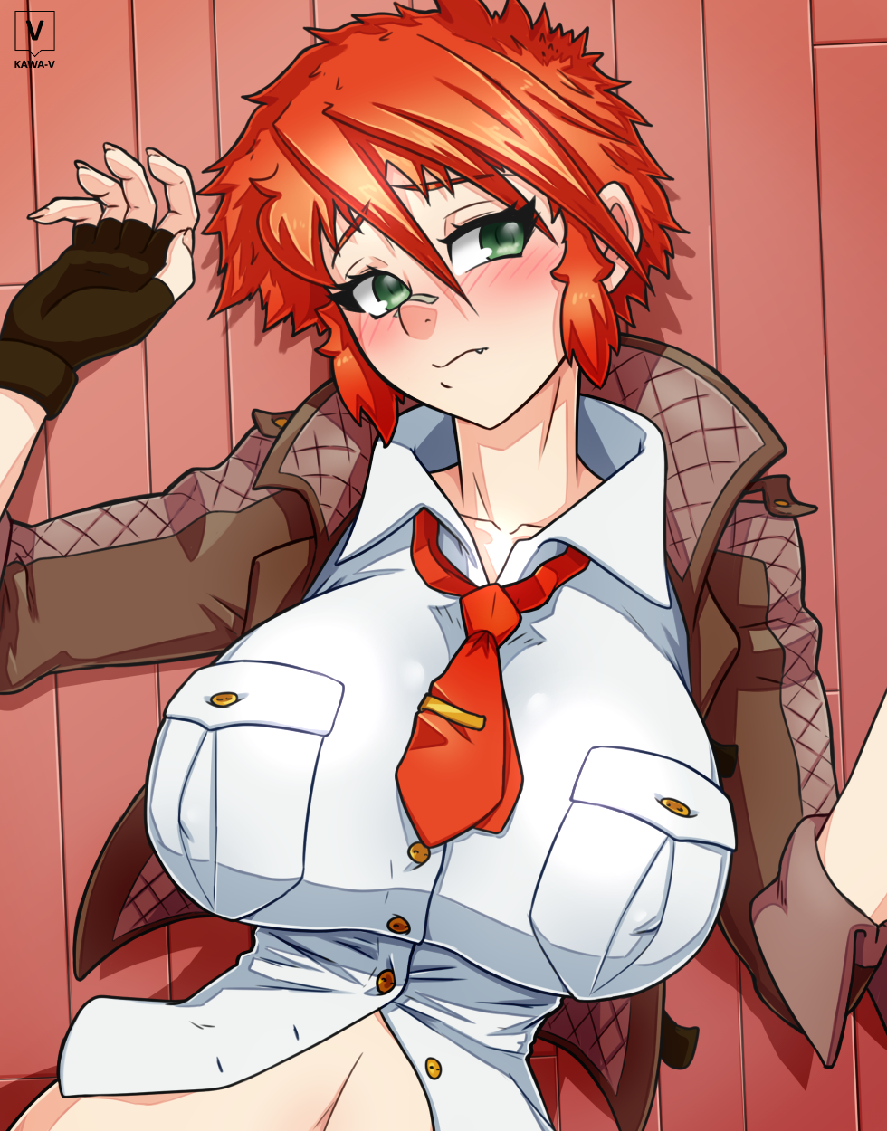 big_breasts blush born_of_itheriont female_only floor green_eyes jacket kawa-v large_breasts neka_eld nipples_visible_through_clothing red_hair short_hair solo solo_female