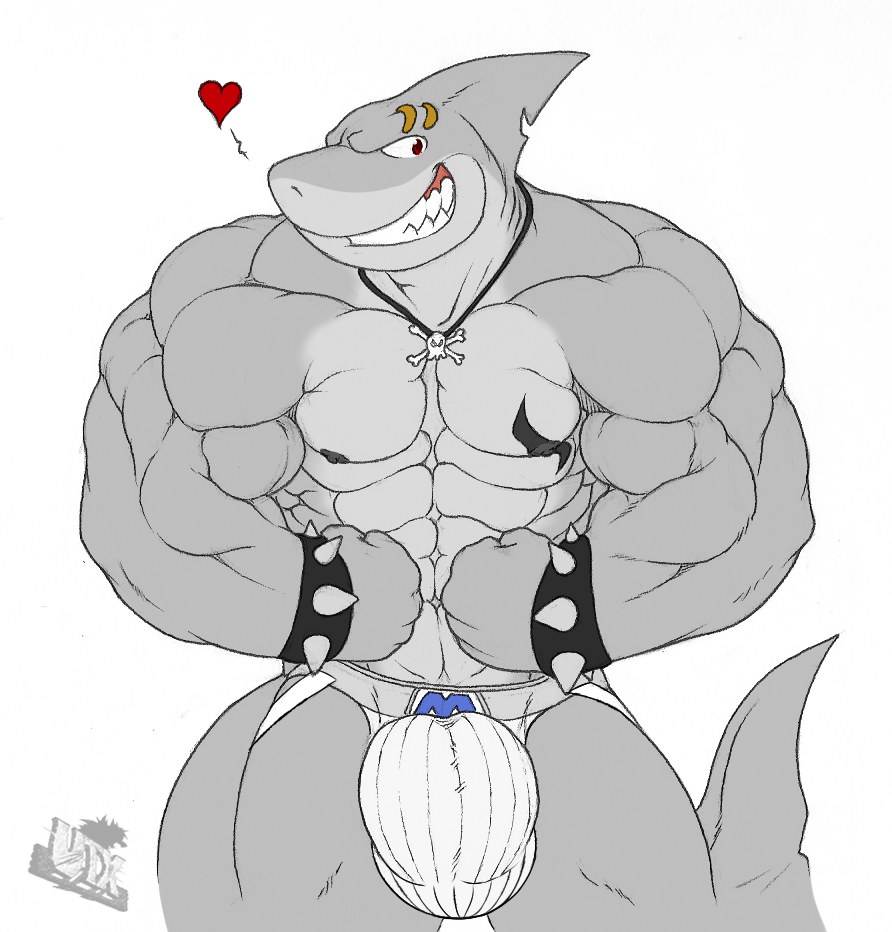 abs anthro bracelet bulge clothing diphallia diphallism eyebrow_piercing facial_piercing fish flexing grey_body jewelry jockstrap male marine markshark multi_penis muscular muscular_anthro muscular_male pecs penis piercing shark smile solo spiked_bracelet spikes teeth third-party_edit underwear utx-shapeshifter white_clothing white_jockstrap white_underwear