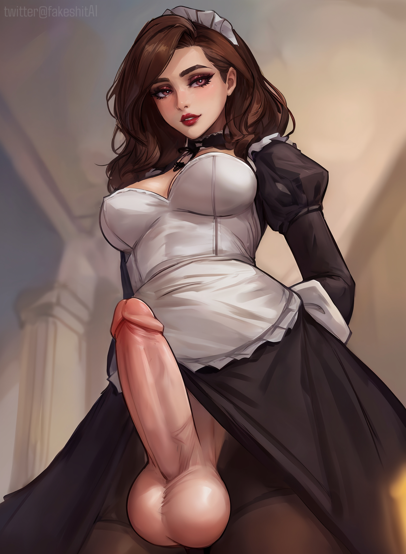 1futa, 2d, ai generated, balls, blush, breasts, brown hair, erection, eyeshadow, fakeshit, from below, futa only, futanari, headwear, intersex, light skin, light-skinned futa, maid, maid apron, maid outfit, maid uniform, medium breasts, penis, red lipstick, solo, solo futa, testicles