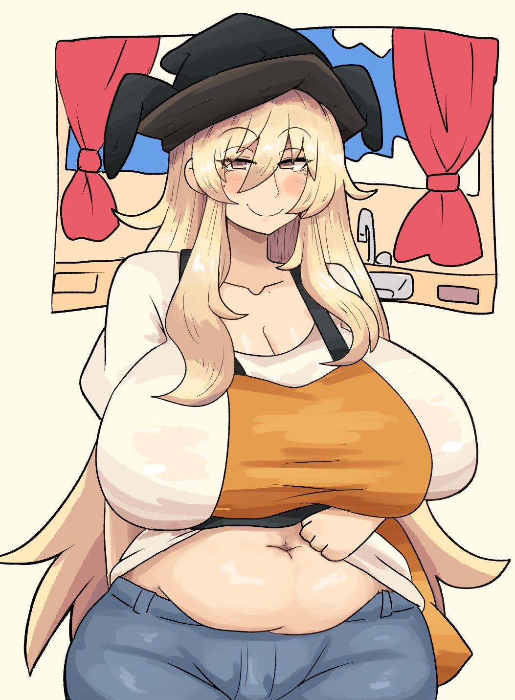 1girls big_belly big_breasts blonde_hair blush breasts brown_eyes cleavage clothed_female doodle goddess hat huge_breasts light-skinned_female long_hair notnoe_(dxcl) okina_matara pants request smile solo solo_female touhou