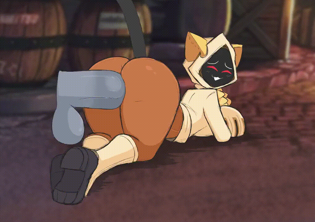 1boy, 1girls, 2d, animated, arc system works, ass, ass focus, barrel, bent over, big ass, blazblue, blonde hair, bottomless, bubble ass, bubble butt, cat ears, cat girl, cat humanoid, cat tail, catgirl, clothed sex, clothing, dark skin, dark-skinned female, disembodied penis, doggy style, female, female focus, furry, happy, happy sex, hidden face, hood, hoodie, huge ass, kaka (blazblue), kilinah, male, male/female, obscured face, offscreen character, offscreen male, penis, penis in pussy, pussy, red eyes, sex, sex from behind, tail, taokaka, thick ass, thick thighs, thin waist, twintails, vaginal penetration, vaginal sex