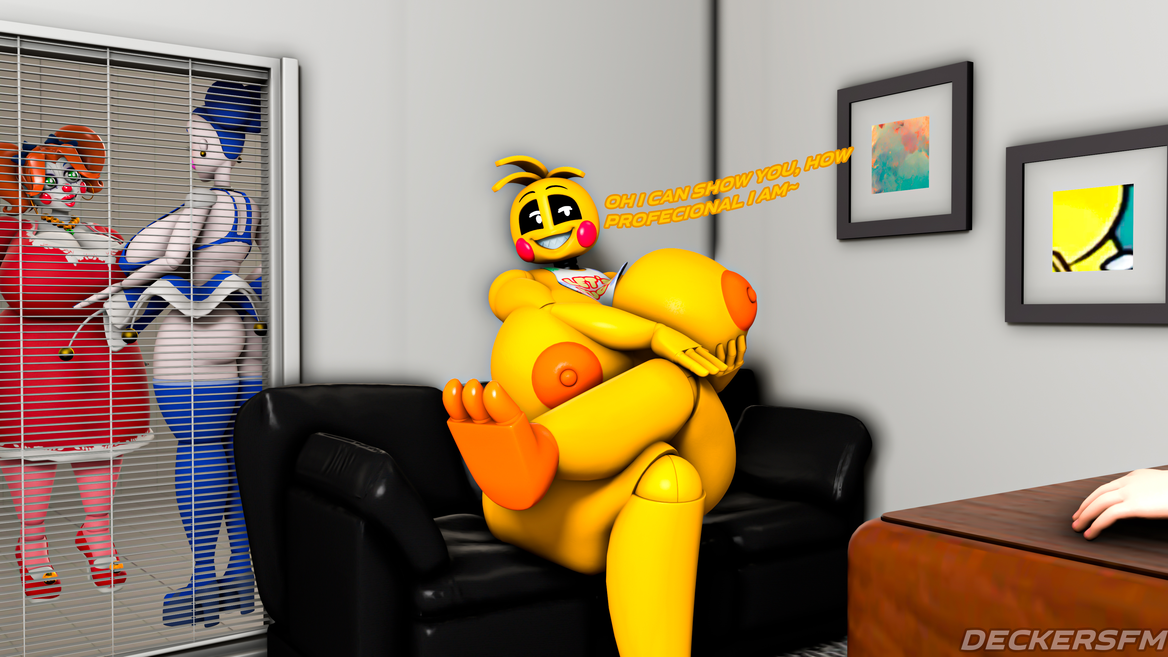 3d, 3d (artwork), 3girls, ass, baby (fnafsl), ballora, ballora (fnafsl), big ass, big breasts, boob window, breasts, breasts bigger than head, casting couch, circus baby, circus baby (fnaf), circus mommy, circus mommy 2.0 (anthony blender), clothed, deckersfm, dialogue, female, five nights at freddy's, five nights at freddy's: sister location, high heels, huge ass, huge breasts, no bra, no underwear, nude, robot, robot girl, sideboob, teasing, toy chica (fnaf), underass