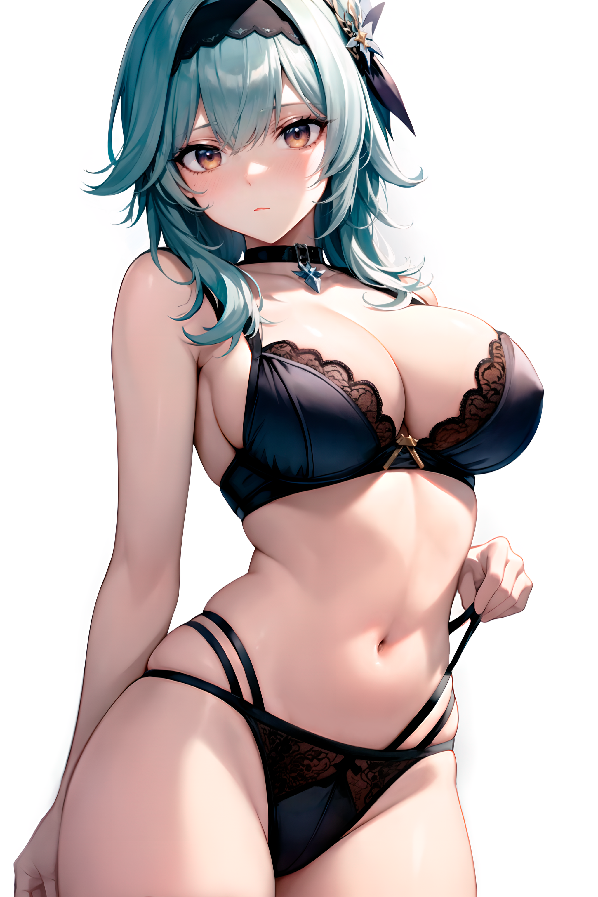 ai generated, blue eyes, blush, embarrassed, eula (genshin impact), female, genshin impact, stable diffusion, yellow eyes