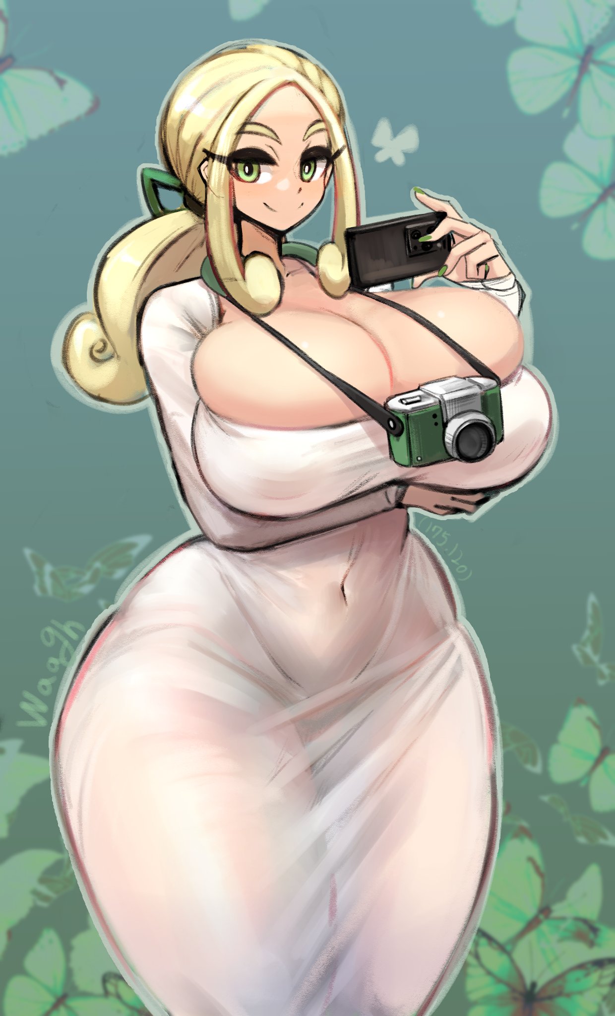 1girls alternate_version_available big_breasts blonde blonde_hair bursting_breasts camera dongtan_lady_(k_pring)_(cosplay) gipehtyboon green_eyes huge_breasts looking_at_viewer pokemon pokemon_xy solo_female tagme thick_thighs viola_(pokemon) yboon