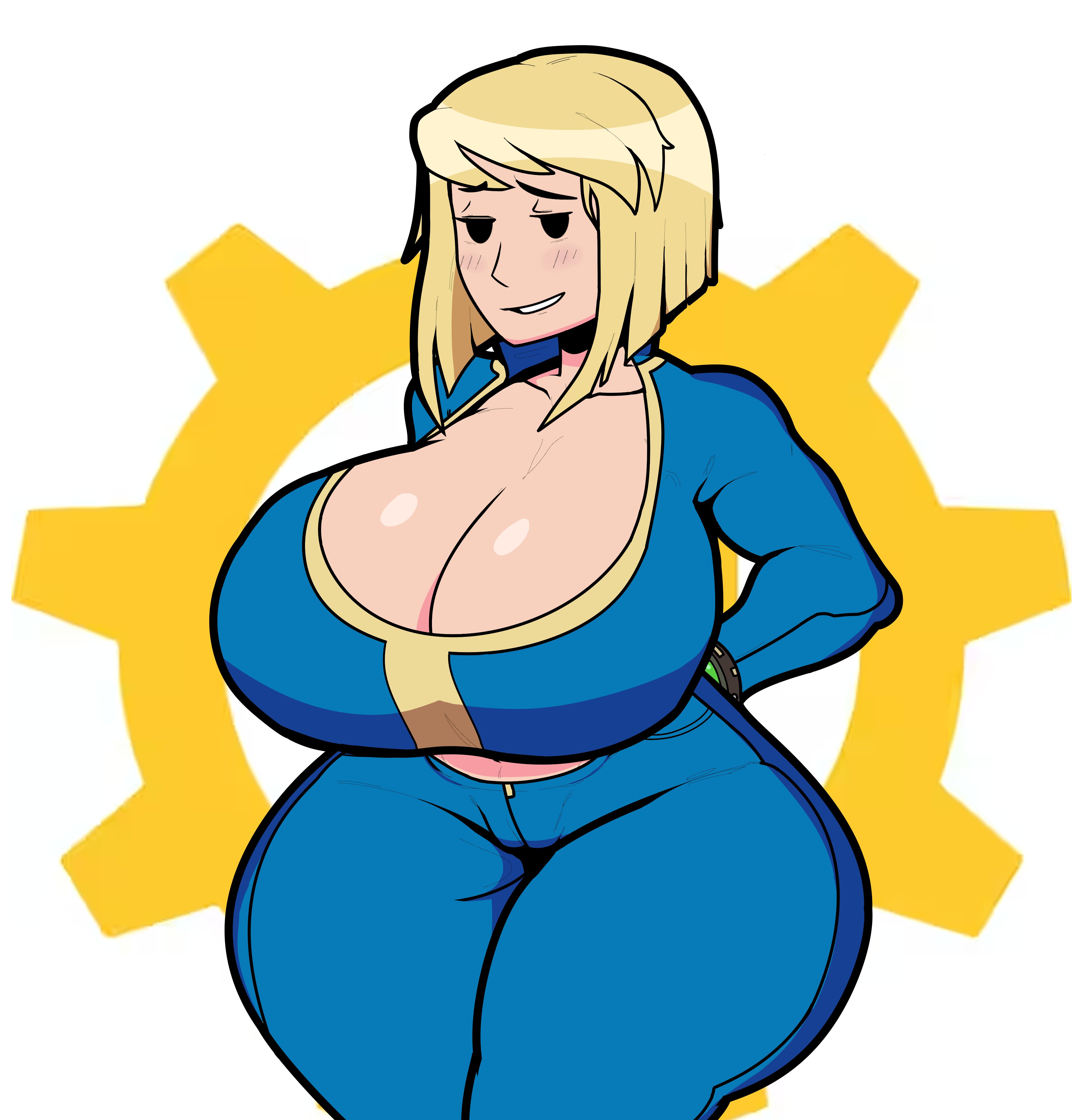 ass, big ass, big breasts, big thighs, blonde hair, blush, breasts, fallout, fallout 4, female, female only, gigantic ass, gigantic breasts, gigantic thighs, huge ass, huge breasts, huge thighs, looking at viewer, mob face, no artist signature, renniearts00, short hair, smile, smiling, solid eyes, tagme, thick hips, thick thighs, thighs, unzipped, vault girl, vault meat, vault suit