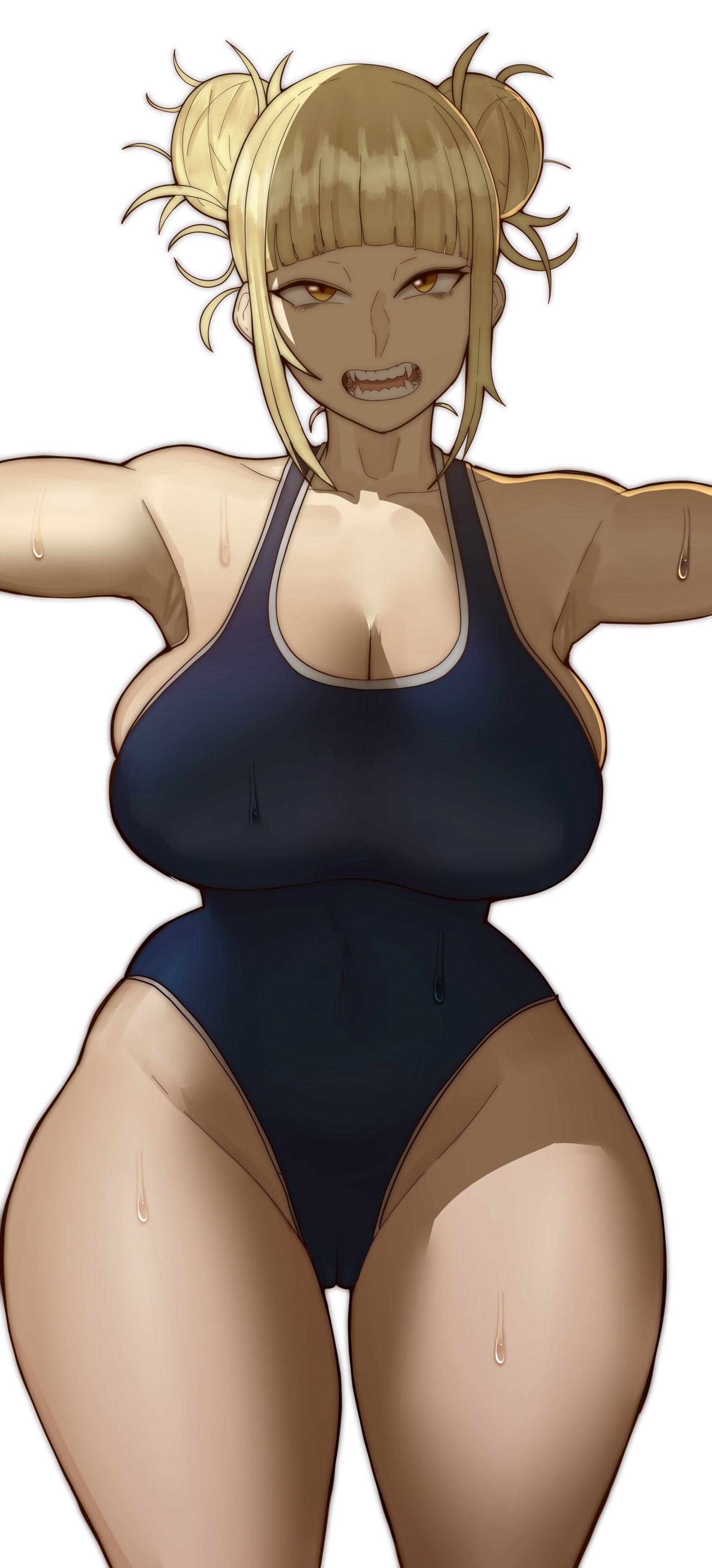 1girls, blonde hair, blonde-haired female, breasts, doublehero, female, highleg swimsuit, himiko toga, hips, large breasts, my hero academia, one-piece swimsuit, swimsuit, thick thighs, thighs, twin buns, wide hips