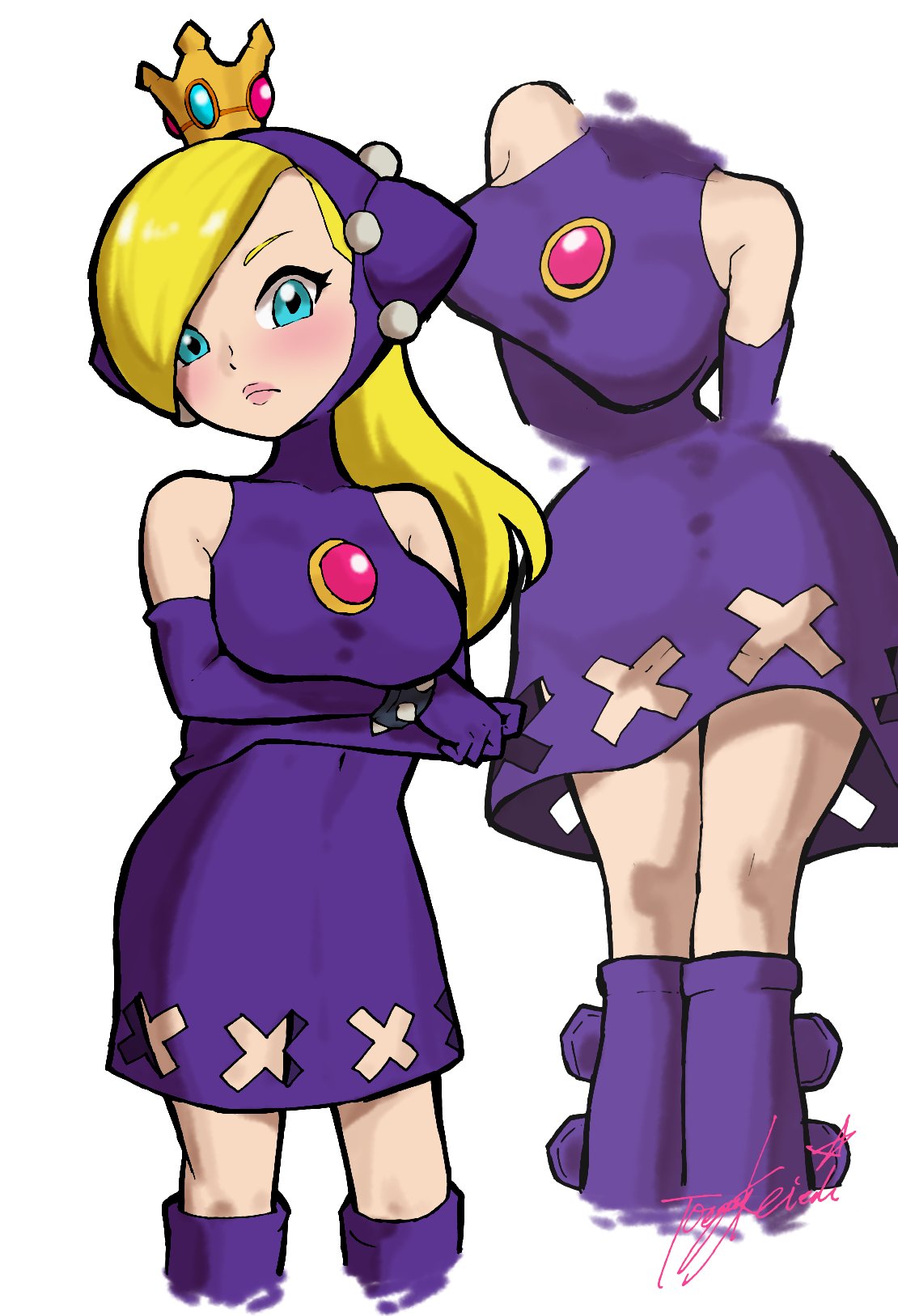 aged up, blonde hair, blue eyes, breasts, crown, female, large breasts, mario (series), mario tennis, purple dress, wapeach, yamino ekakinin
