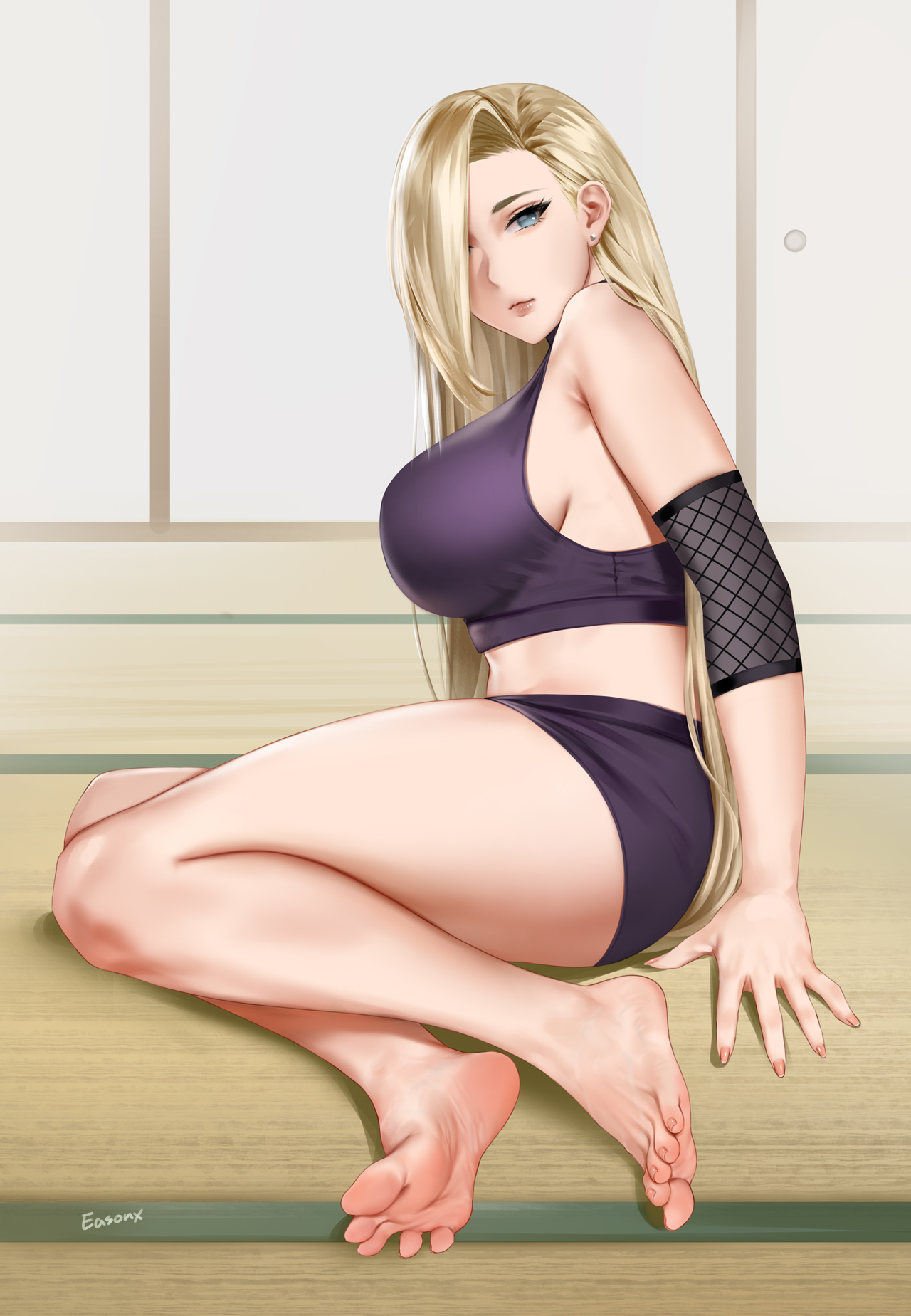 1girls, barefoot, big breasts, blonde hair, blue eyes, breasts, easonx, feet, female, female only, fetish, foot fetish, hair over one eye, human, ino yamanaka, large breasts, lipstick, long hair, looking at viewer, makeup, naruto, naruto (series), naruto shippuden, naruto: the last, soles, solo, tatami, thick thighs, thighs, toes, voluptuous