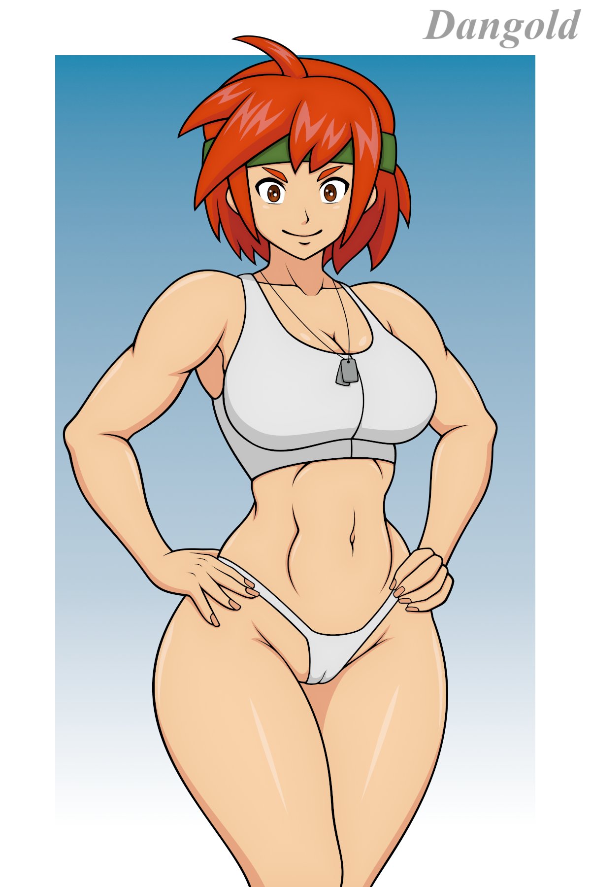 1girls 2023 5_fingers advance_wars artist_name athletic athletic_female big_breasts breasts cleavage clothed clothed_female crop_top dangold dog_tags female female_only hand_on_hip light-skinned_female light_skin looking_at_viewer navel panties red_hair sami_(advance_wars) solo solo_female standing