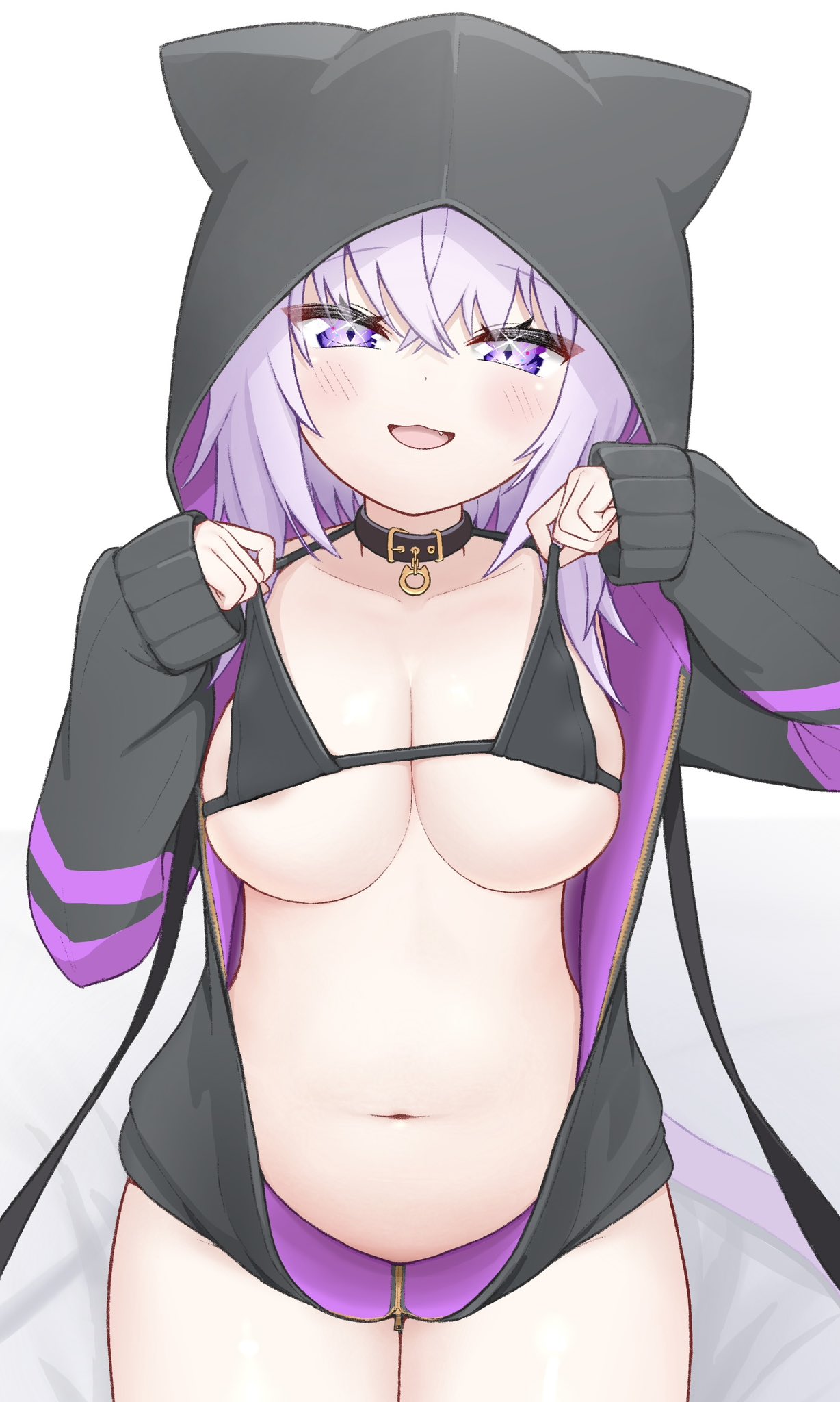 :3, :d, bottomless, breasts, choker, cowboy shot, female, hololive, hololive gamers, hololive japan, hoodie, large breasts, micro bikini, nekomata okayu, no panties, open hoodie, thick thighs, tummy, virtual youtuber, wide hips