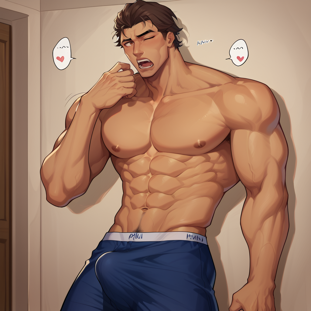 abs ai_generated bara big_bulge big_penis boxers boxers_(clothing) erect_penis erection erection_under_clothes gay looking_at_viewer miguel_o'hara muscles muscular muscular_male pecs spider-man:_across_the_spider-verse spider-man_(series) yawning