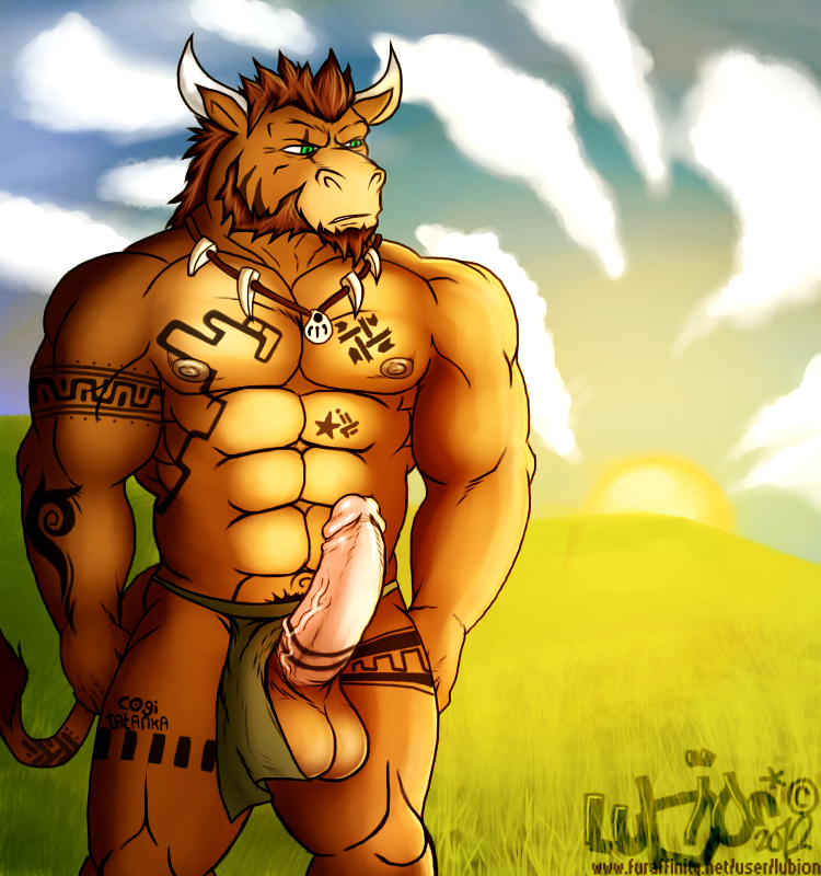 abs anthro balls beard biceps bovine erection facial_hair field furry grass green_eyes loincloth lubion male male_only muscles necklace no_humans pecs penis scar solo tattoo tauren uncut video_games warcraft world_of_warcraft