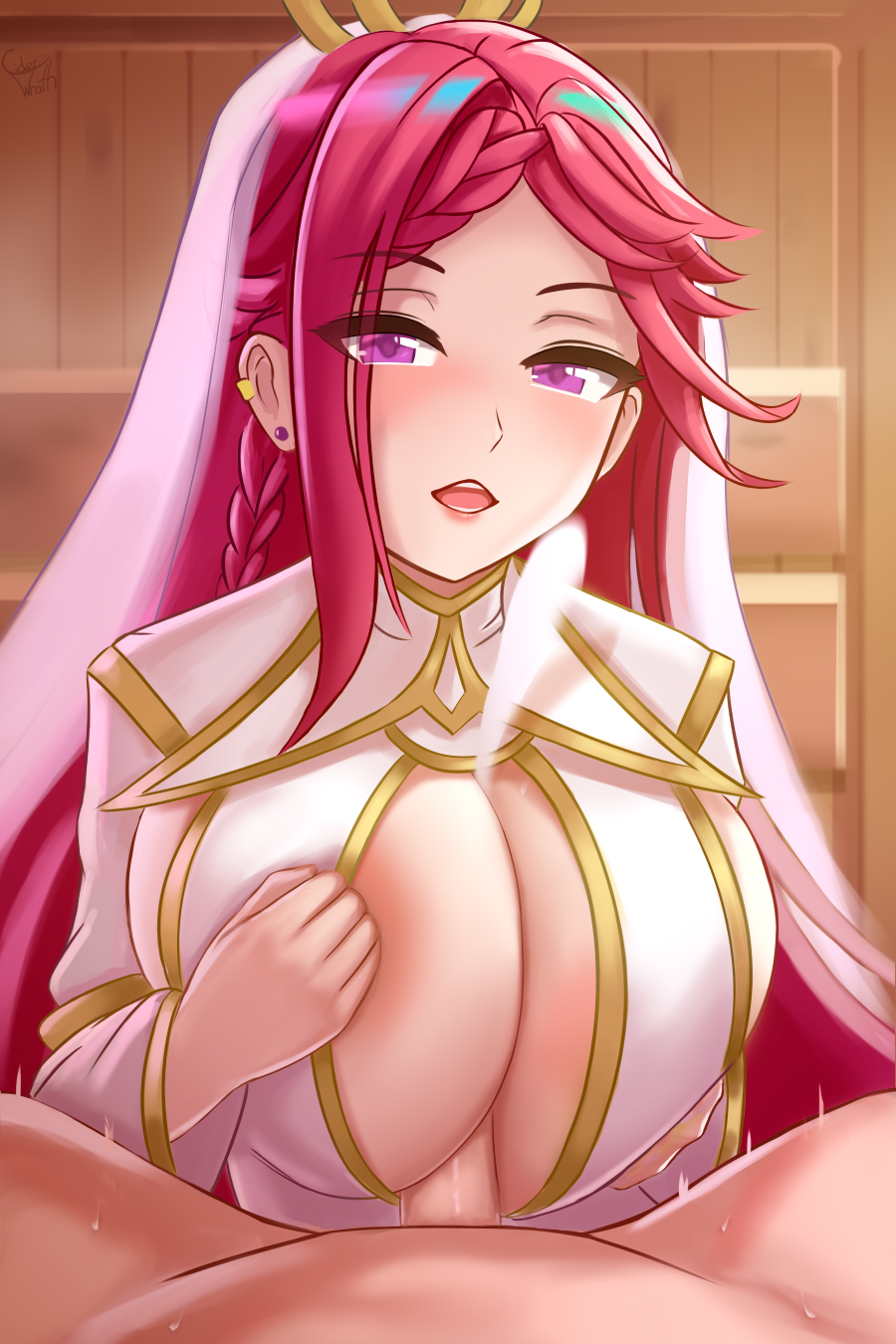1boy 1girls alternate_costume areola_slip areolae braid breast_press breast_squeeze breasts ciderwrath cleavage cleavage_cutout ear_piercing female female_focus fire_emblem fire_emblem_heroes half-closed_eyes huge_breasts indoors light-skinned_female light-skinned_male light_skin loki_(fire_emblem) loki_(trickster_god)_(fire_emblem) long_sleeves male male_pov nintendo official_alternate_costume open_mouth paizuri penis piercing pink_eyes pov red_hair revealing_clothes sauna see-through sideboob smile solo_focus sweat veil violet_hair