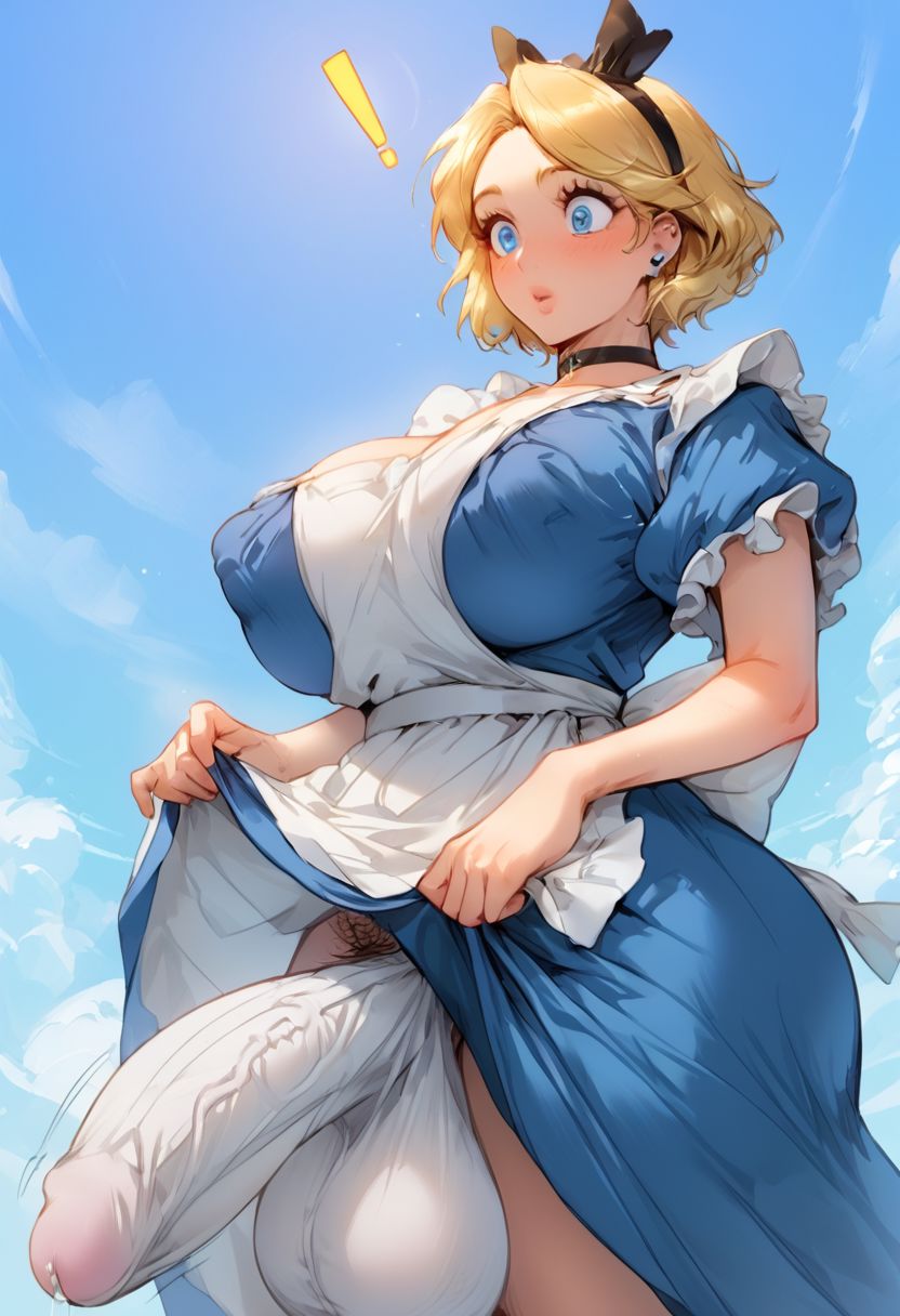 1futa, ai generated, alice in wonderland, alice liddell, alternate hairstyle, apron, balls, blonde hair, blue eyes, breasts, bulge, crotch bulge, dress, futa only, futanari, hairband, huge balls, huge breasts, huge cock, intersex, literature, penis, penis bulge, pubic hair, public domain, short hair, solo