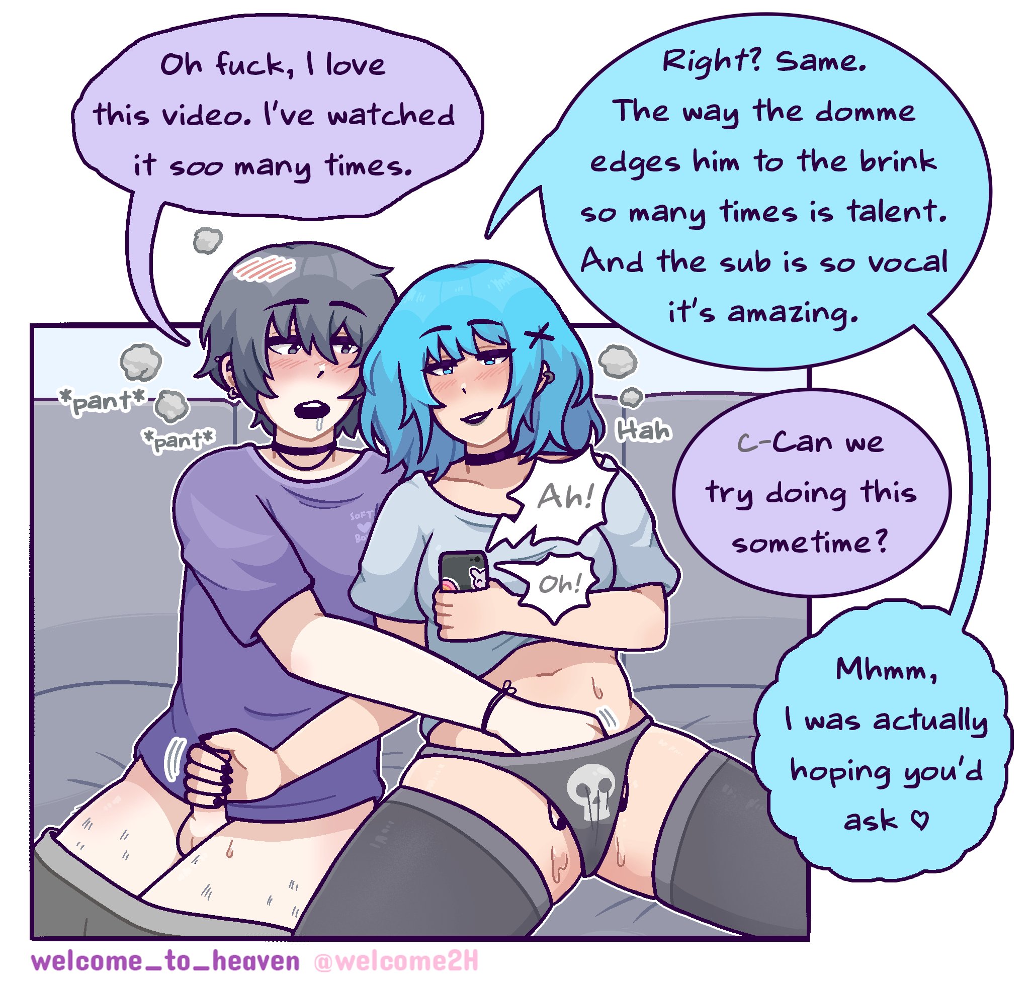 1boy, 1girls, black panties, blue eyes, blue hair, blush, cellphone, choker, couple, dialogue, drooling, earrings, female, femboy on female, fingering, girly, grey eyes, grey hair, hand in another's panties, hand in panties, handjob, hi res, male, male and female, male with painted nails, mutual masturbation, nail polish, no pants, original, panties, panting, pants down, print panties, saliva, sitting, smile, speech bubble, straight, text, watching porn, watching porn together, watching porn while having sex, welcome to heaven
