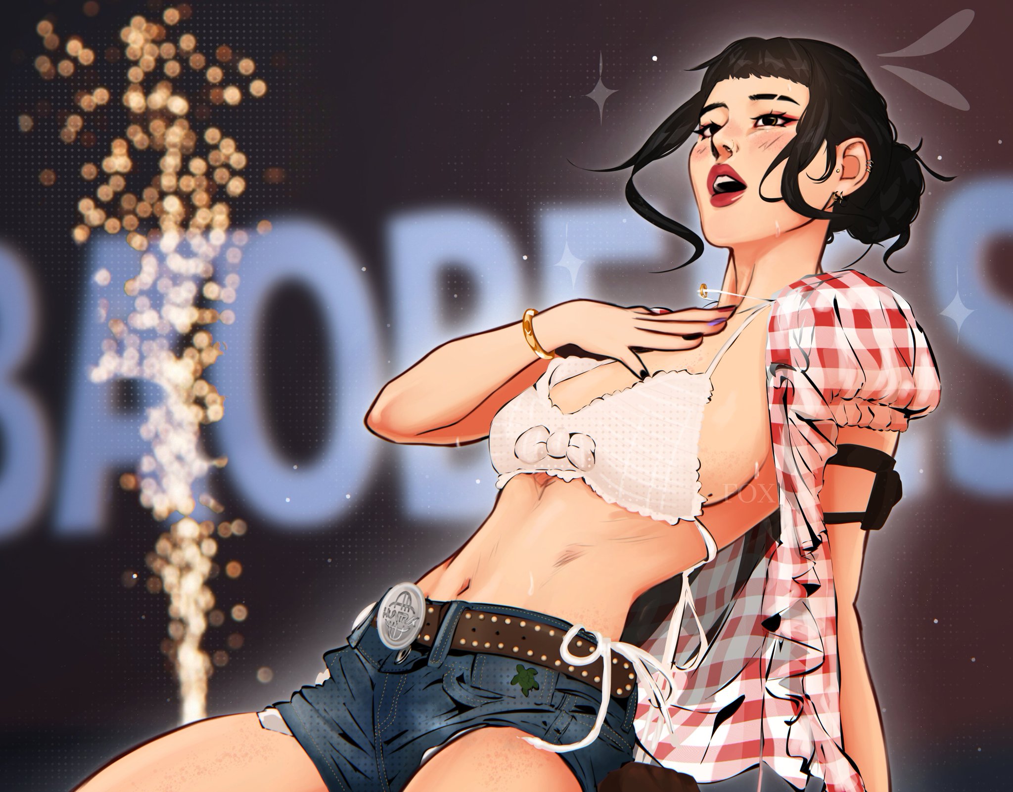 1girls, asian, asian female, baobeics, big breasts, bikini top, black hair, breasts, cosplay, denim, denim shorts, female, female only, gingham, jean shorts, korean, korean female, kpop, kpop demon hunters, kwon eun-bi (cosplay), open shirt, performance, red lipstick, short hair, sideboob, waterbomb, zoey (kpop demon hunters)