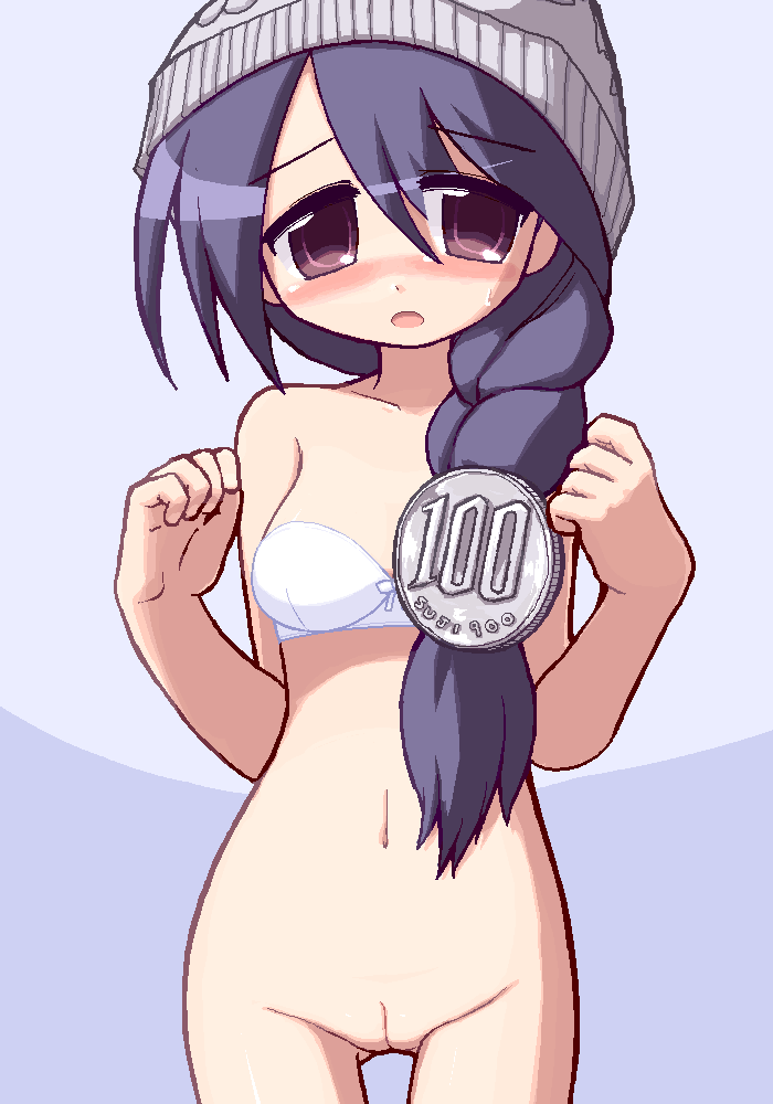 blush bottomless bra braid hat huge_eyes ikkyuu personification purple_eyes pussy uncensored underwear yen-tan