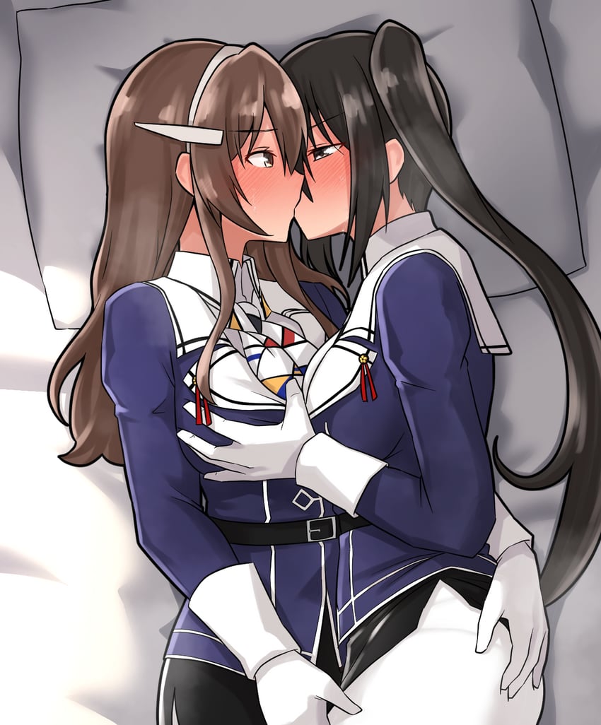 2girls ashigara_(kantai_collection) bed_sheet belt black_belt black_eyes black_hair blush breasts brown_eyes brown_hair furaggu_(frag_0416) gloves hairband highres jacket kantai_collection kissing large_breasts long_hair long_sleeves military_uniform multiple_girls nachi_(kantai_collection) pantyhose pillow purple_jacket side_ponytail uniform white_gloves white_hairband white_pantyhose yuri