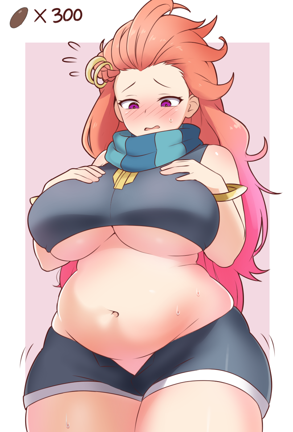 alternative_bust_size belly breast_expansion chubby chubby_female cute eating flustered huge_breasts league_of_legends unbuttoned_shorts weight_gain zoe_(league_of_legends)