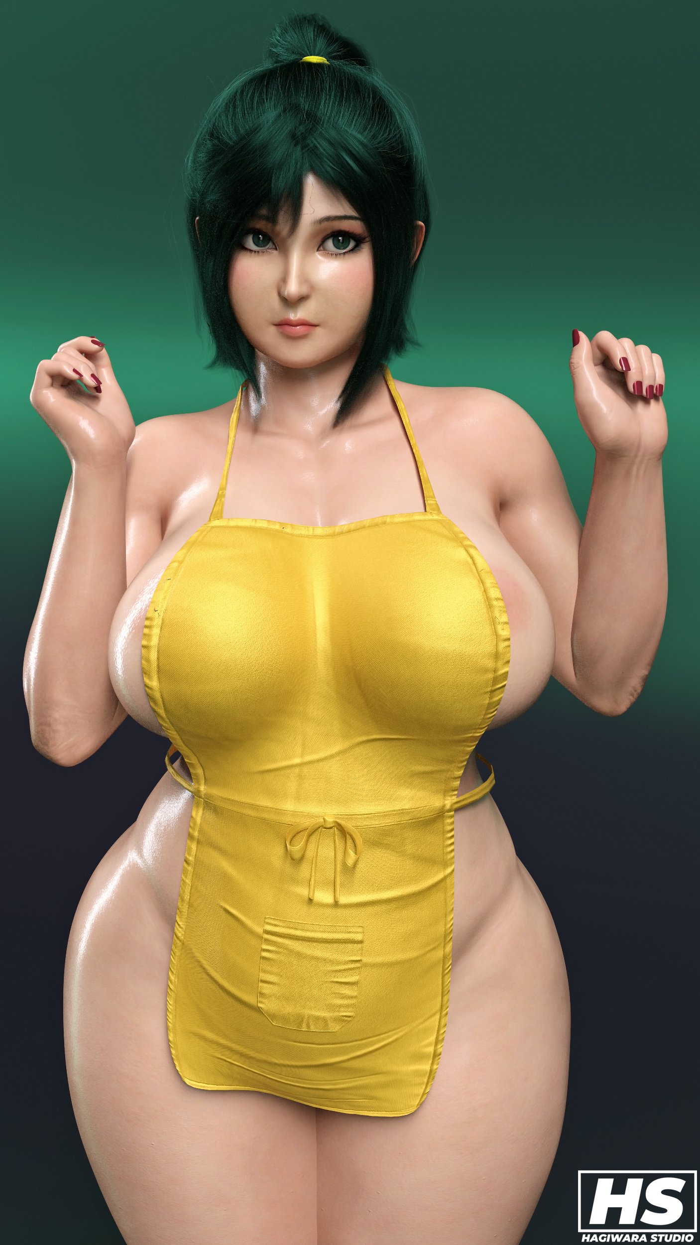1girls, 3d, apron, apron only, ass, bbw, big ass, big breasts, boku no hero academia, breasts, chubby, chubby female, female, female only, green eyes, green hair, hagiwara studio, inko midoriya, light skin, light-skinned female, long hair, milf, my hero academia, ponytail, smooth skin, thick ass, thick thighs, tied hair