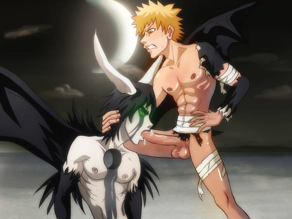 2boys abs anma bandages bleach chest gay horns ichigo_kurosaki male male_only monster muscle oral orange_hair pale_skin pecs penis torn_clothes ulquiorra_cifer wings yaoi