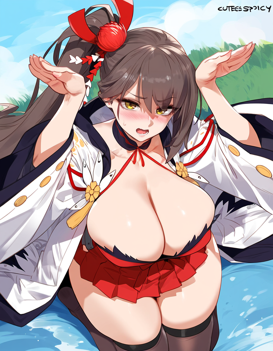 1girls ai_generated azur_lane big_breasts black_legwear blush breasts brown_hair embarrassed enormous_breasts female female_focus female_only hair_ornament huge_breasts large_breasts red_dress side_ponytail thick_thighs thighs yellow_eyes zuikaku_(azur_lane)