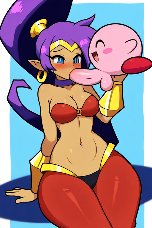 1boy 1girls abs ai_generated blowjob blue_eyes crossover female genie genie_girl kirby kirby_(series) male medium_hair penis pink_body ponytail red_shoes shantae shantae_(character)