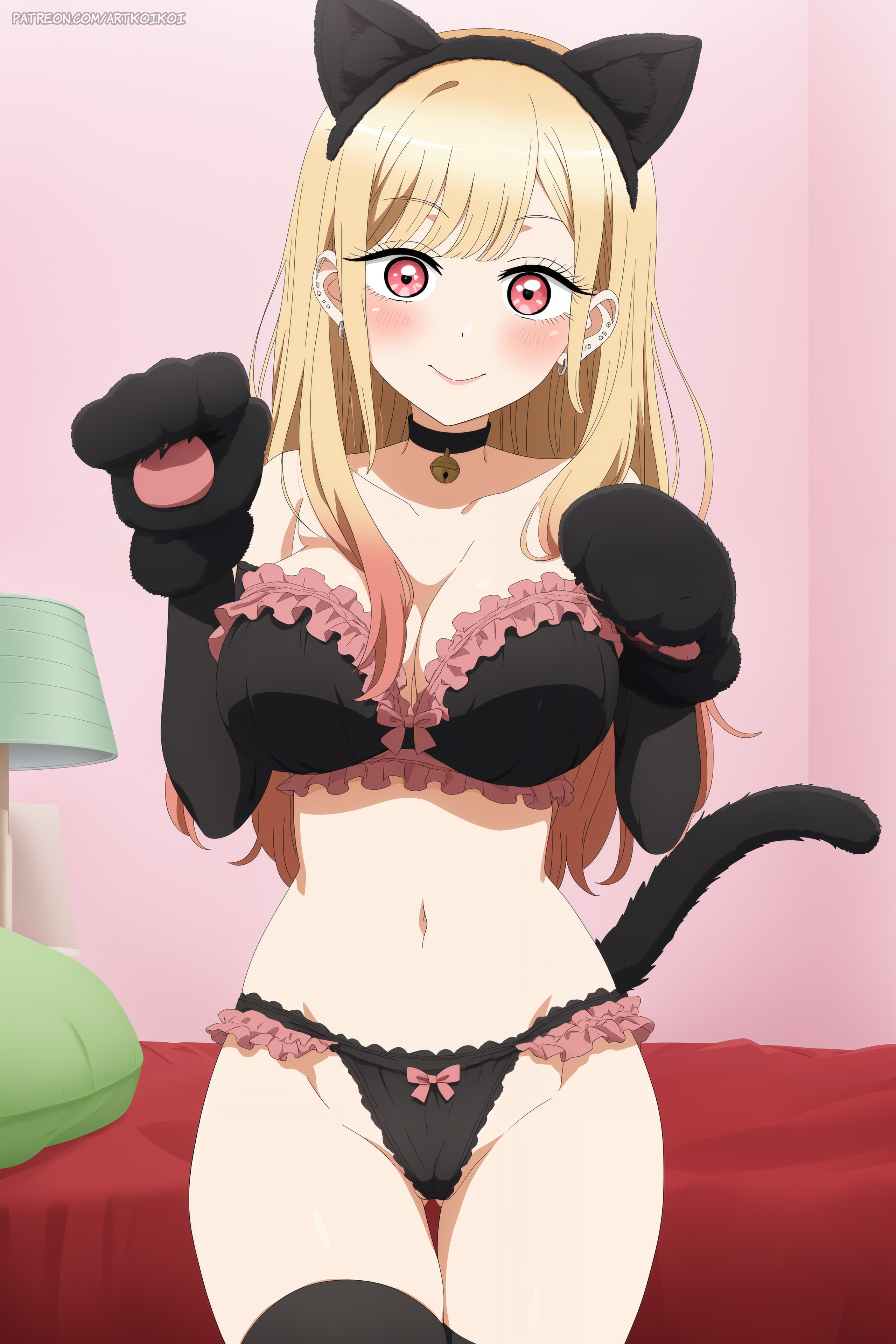 1girls, ai generated, bedroom, blonde hair, breasts, female, female only, kitagawa marin, nai diffusion, pink eyes, solo, sono bisque doll wa koi wo suru, stable diffusion
