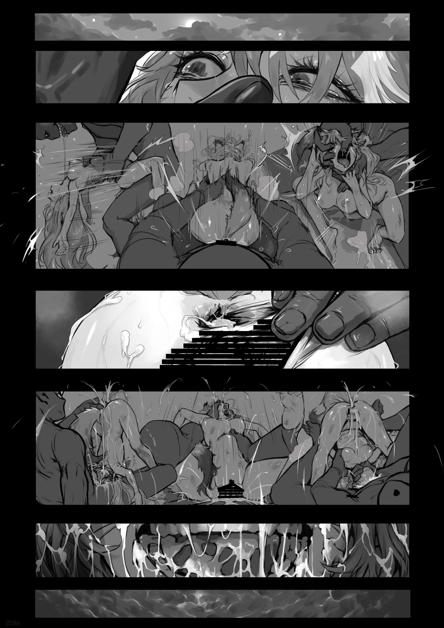 absurdres, ape, arm grab, arm held back, blonde hair, blue hair, blush, breasts, completely nude, crying, crying with eyes open, cum, defeat, female, freckles, haplorhine, injury, long hair, medium breasts, monster, nipples, nude, open mouth, primate, pussy, rape, red eyes, restrained, ryona, sex, sex from behind, shitappa0120, size difference, straight, tears, torn clothes, vaginal penetration, zoophilia