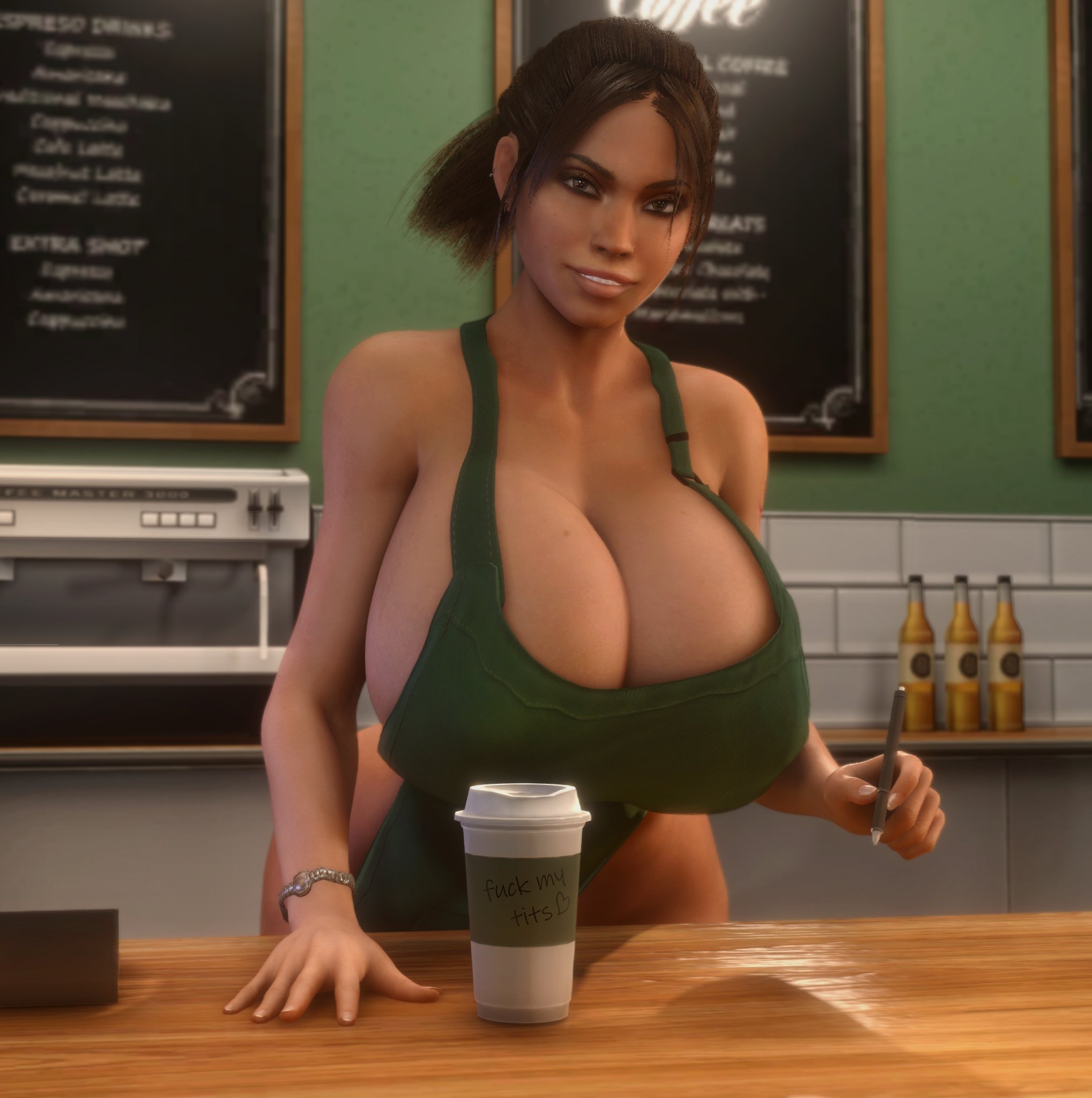 1girls, 3d, 3d (artwork), african, african female, alternate breast size, barista, big ass, big breasts, big hips, big thighs, breasts, breasts bigger than head, brown eyes, brown eyes female, brown hair, brown hair female, bust, busty, capcom, cleavage, coffee, coffee cup, coffee shop, curvaceous, curvy, curvy figure, dark skin, dark-skinned female, female, female only, gigantic breasts, hips, hourglass figure, huge ass, huge breasts, huge thighs, human, human female, human only, inviting, inviting to fuck, inviting to paizuri, inviting to sex, large ass, large breasts, large hips, large thighs, legs, mature, mature female, naked apron, no bra, resident evil, resident evil 5, sheva alomar, slim waist, smile, smiling, smiling at viewer, solo, solo female, thick, thick hips, thick legs, thick thighs, thighs, vaako, voluptuous, waist, wide hips