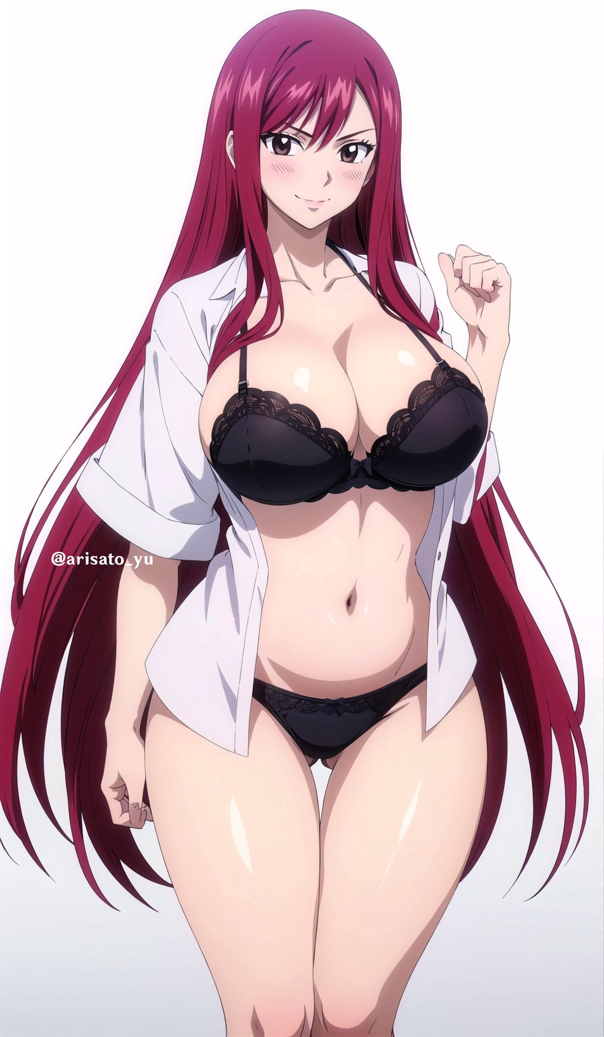 ai generated, bikini, black hair, black panties, breasts, erza scarlet, fairy tail, female, large breasts, long hair, mature female, panties, red hair, solo, solo female