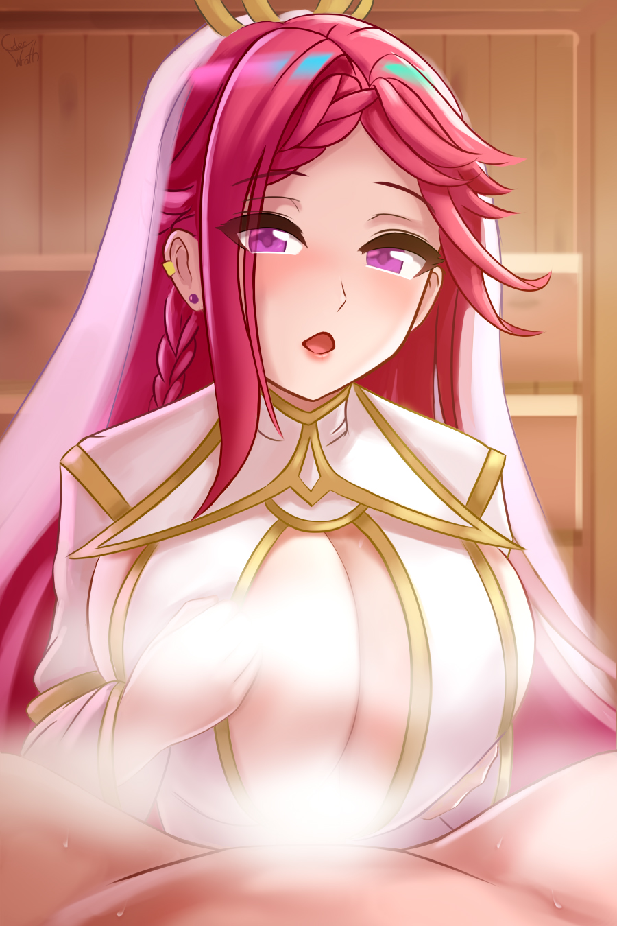 1boy 1girls alternate_costume braid breast_press breast_squeeze breasts ciderwrath cleavage cleavage_cutout ear_piercing female female_focus fire_emblem fire_emblem_heroes huge_breasts indoors light-skinned_female light-skinned_male light_skin loki_(fire_emblem) loki_(trickster_god)_(fire_emblem) long_sleeves looking_at_viewer male male_pov nintendo official_alternate_costume open_mouth paizuri piercing pink_eyes pov red_hair revealing_clothes sauna see-through sideboob solo_focus steam steam_censor sweat veil violet_hair