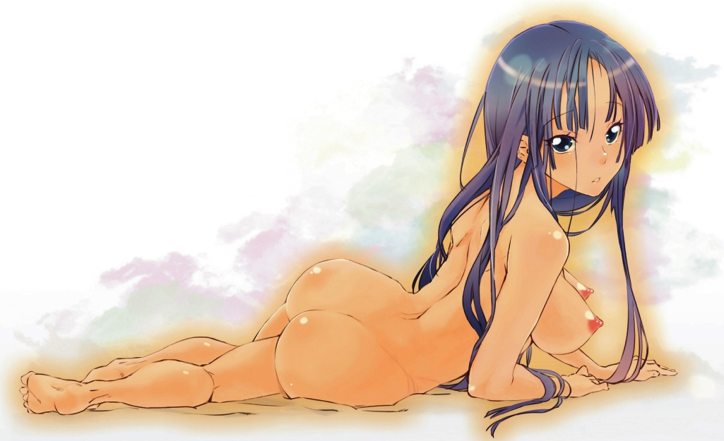 ass back barefoot black_hair blue_eyes blue_hair breasts face feet female female_only hiiro human human_only k-on! long_hair lying mio_akiyama_(k-on!) nipples nude on_side solo tsukai_yowo