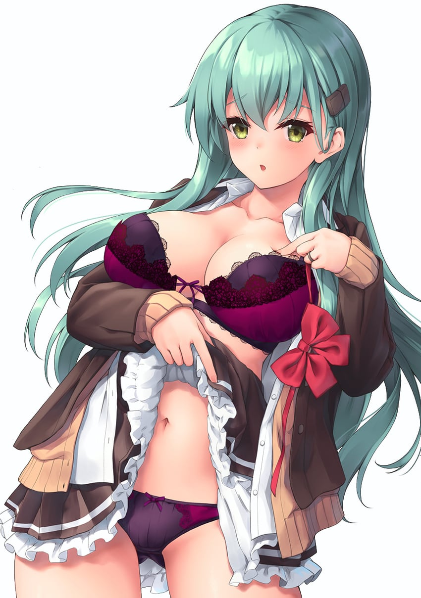 aqua_hair awa_yume blush bow bow_bra bow_panties bra breasts brown_jacket cleavage clothes_lift collarbone female female_only frilled_skirt frills green_eyes hair_ornament hairclip highres jacket kantai_collection large_breasts long_hair looking_at_viewer navel open_clothes open_jacket open_shirt panties parted_lips purple_bra purple_panties shirt simple_background skirt skirt_lift solo solo_female suzuya_(kantai_collection) suzuya_kai_ni_(kantai_collection) underwear white_background white_shirt