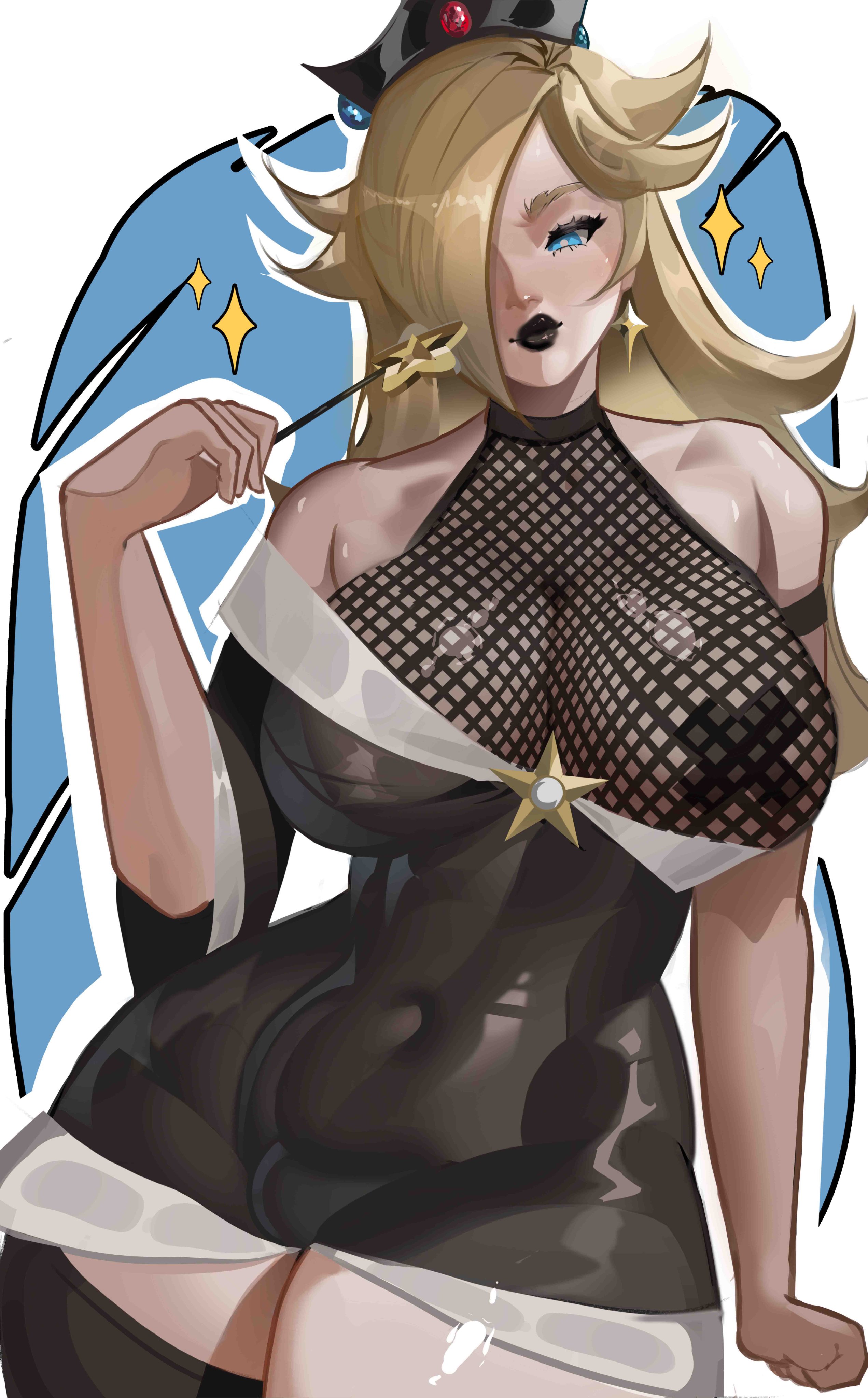 1girls, 2026, big breasts, black lipstick, blonde hair, blue eyes, female, female only, fishnets, goth, goth girl, hourglass figure, hourglass figured female, lipstick, makeup, mario (series), nintendo, princess rosalina, rogun, tagme, thick thighs