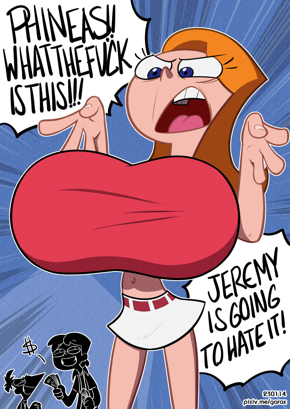 angry angry_face breast_expansion breasts_bigger_than_head brother_and_sister candace_flynn clothed female garabatoz gigantic_breasts huge_breasts jeremy_johnson money phineas_and_ferb phineas_flynn unwanted