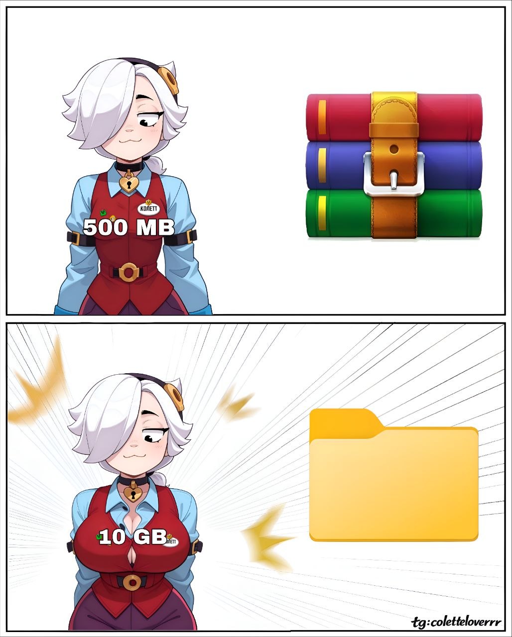 1girls, ai generated, big breasts, brawl stars, colette (brawl stars), colettelover, meme, small breasts