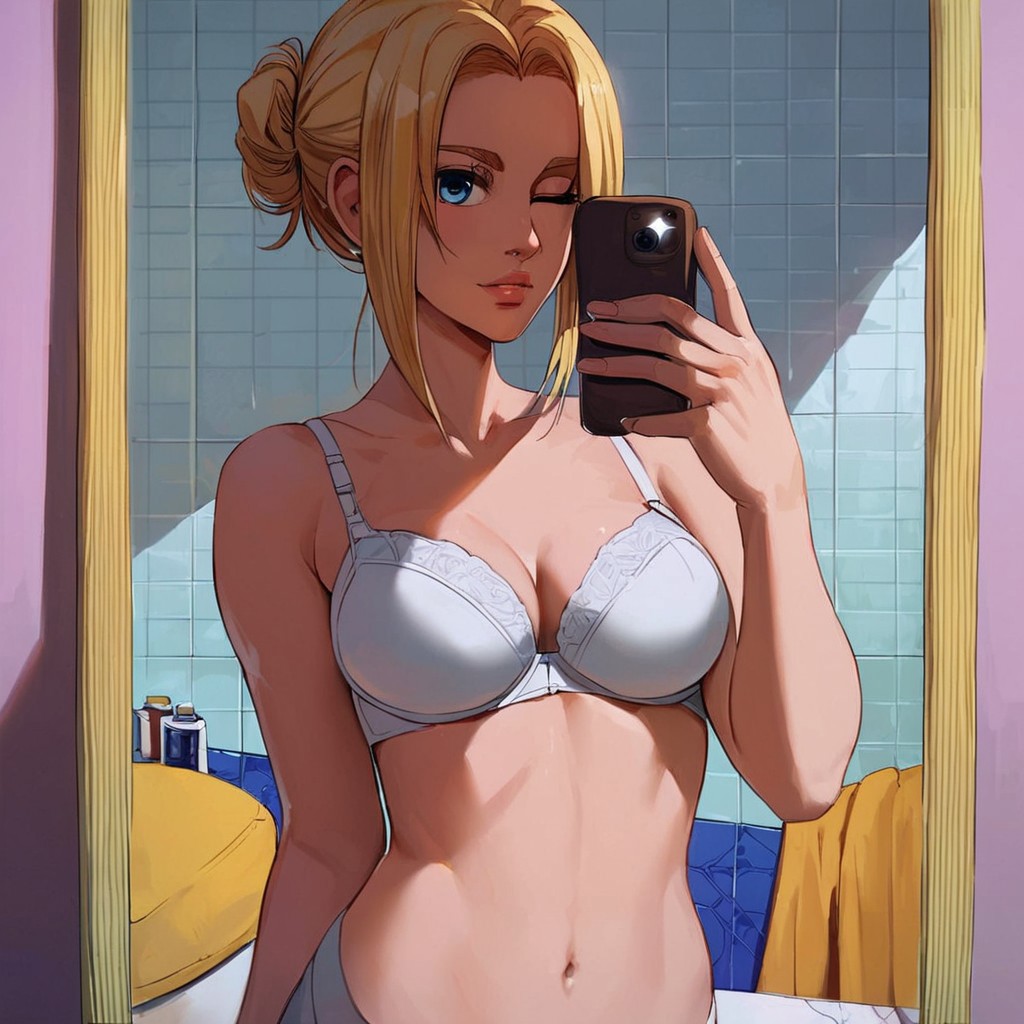 1girls ai_generated attack_on_titan blonde_hair blue_eyes christa_lenz civitai cute female historia_reiss light-skinned_female looking_at_viewer mirror_selfie petite pikachu1938 selfie shingeki_no_kyojin skinny slim tagme teenager tied_hair