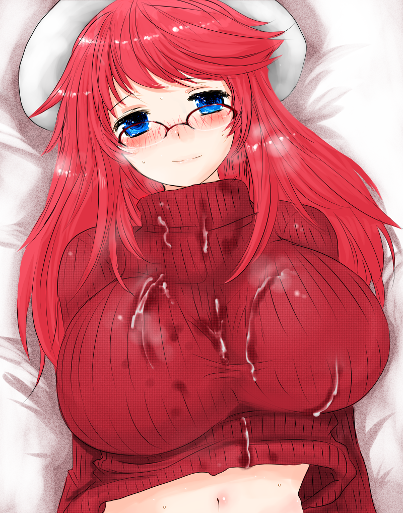 1girls after_sex aty bed big_breasts blue_eyes breasts character_request cum cum_on_clothes female glasses han64 han_(jackpot) hat huge_breasts long_hair lying navel red_hair smell solo stain steam summon_night summon_night_3 sweater turtleneck upper_body